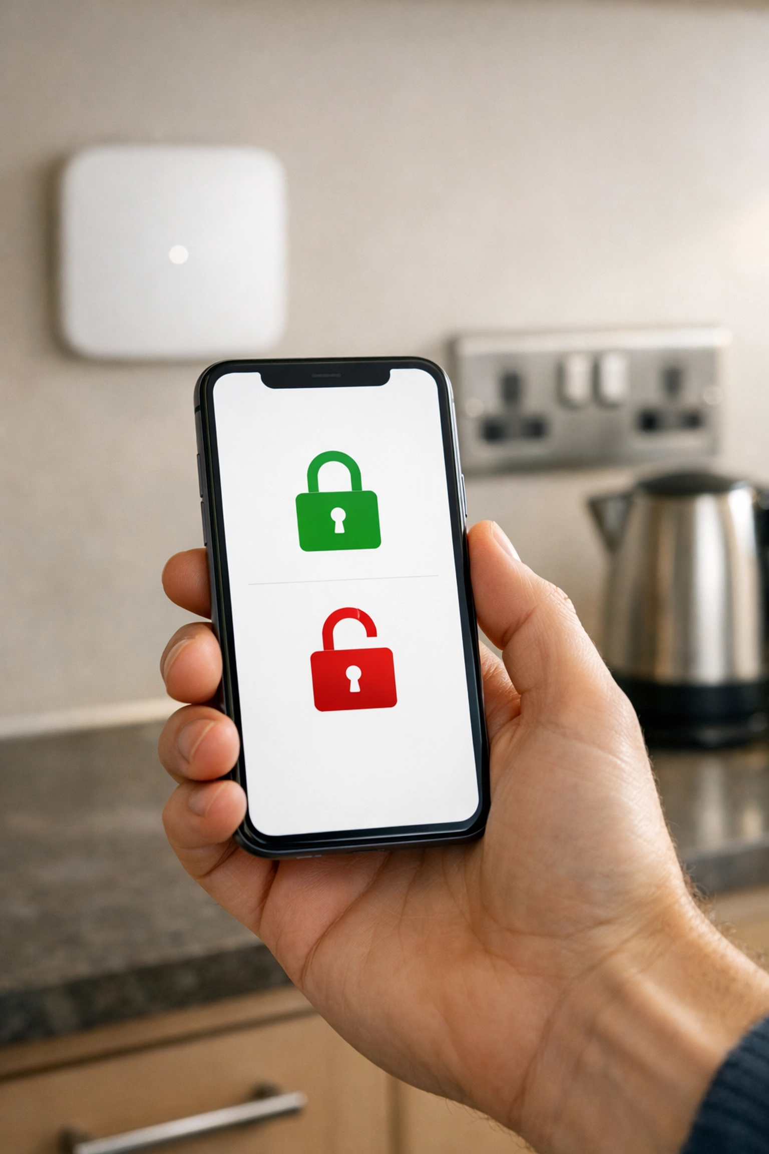 User managing a smart alarm system via a mobile app in a contemporary Poole home kitchen.