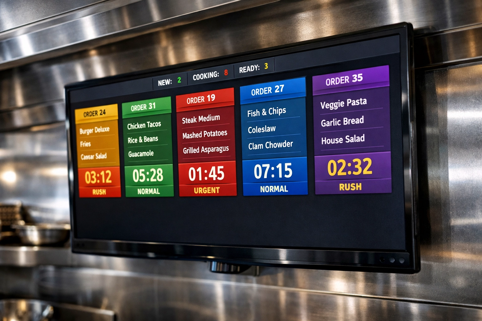 Digital kitchen display system organizing restaurant orders with timers and priority indicators
