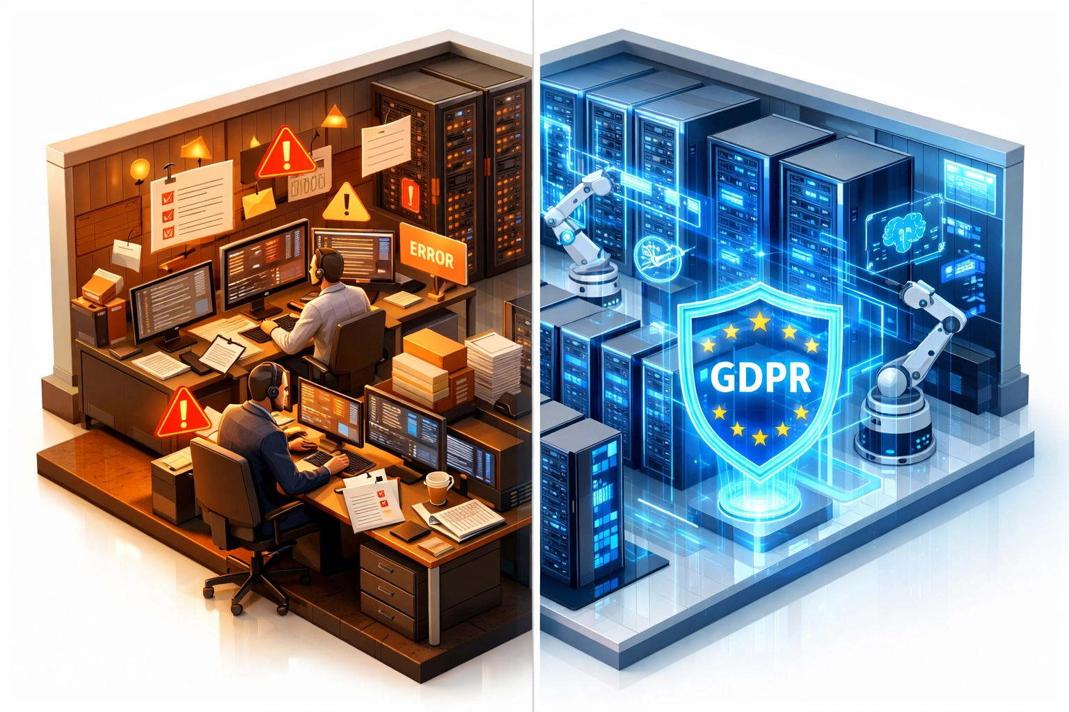 Manual IT operations vs AI-automated ServiceNow ITOM with GDPR compliance shield
