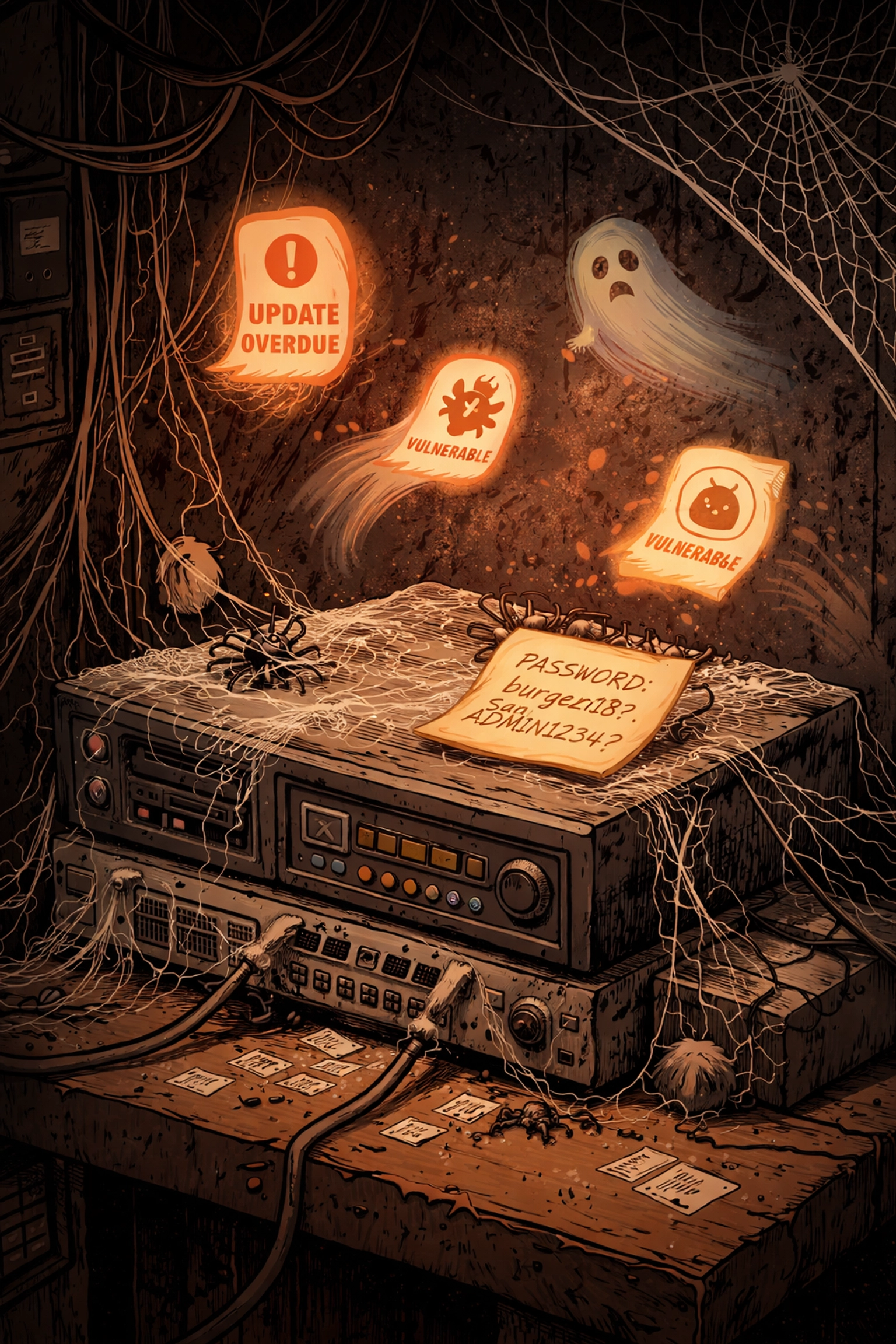 Dusty, neglected restaurant security DVR system illustrating outdated technology and system vulnerabilities