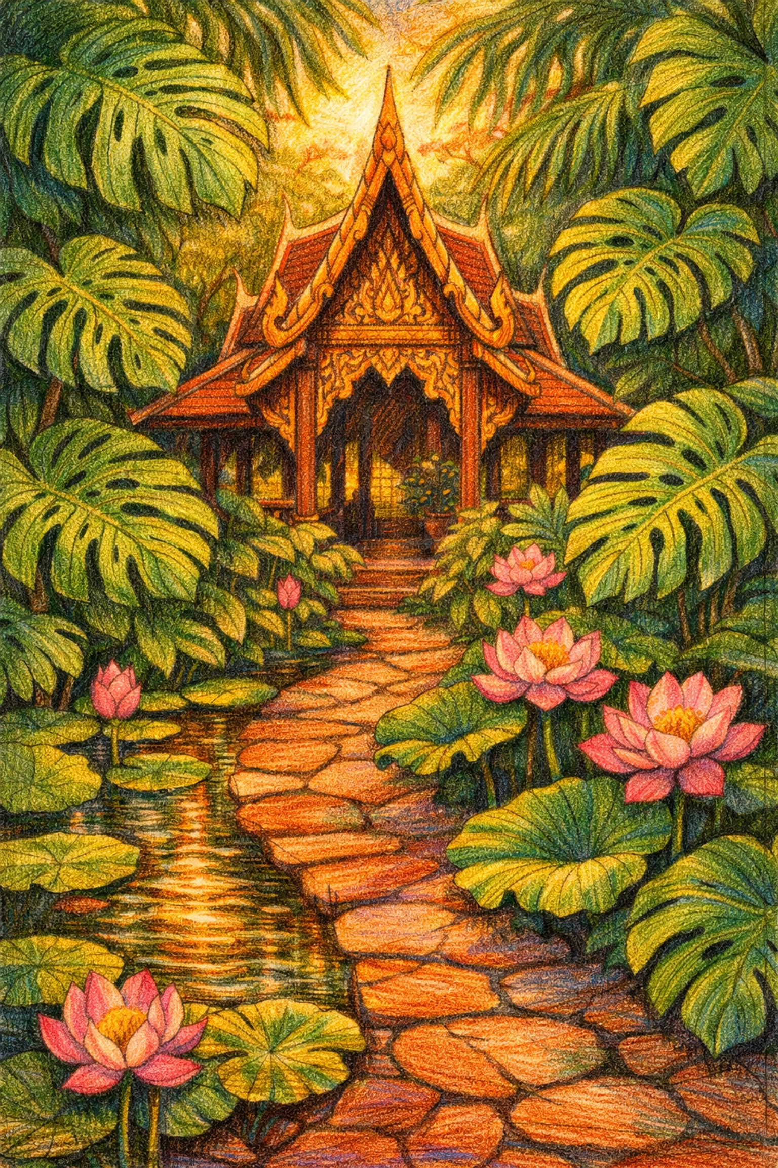 Boutique hotel interior design featuring a traditional Thai pavilion in a lush tropical garden.