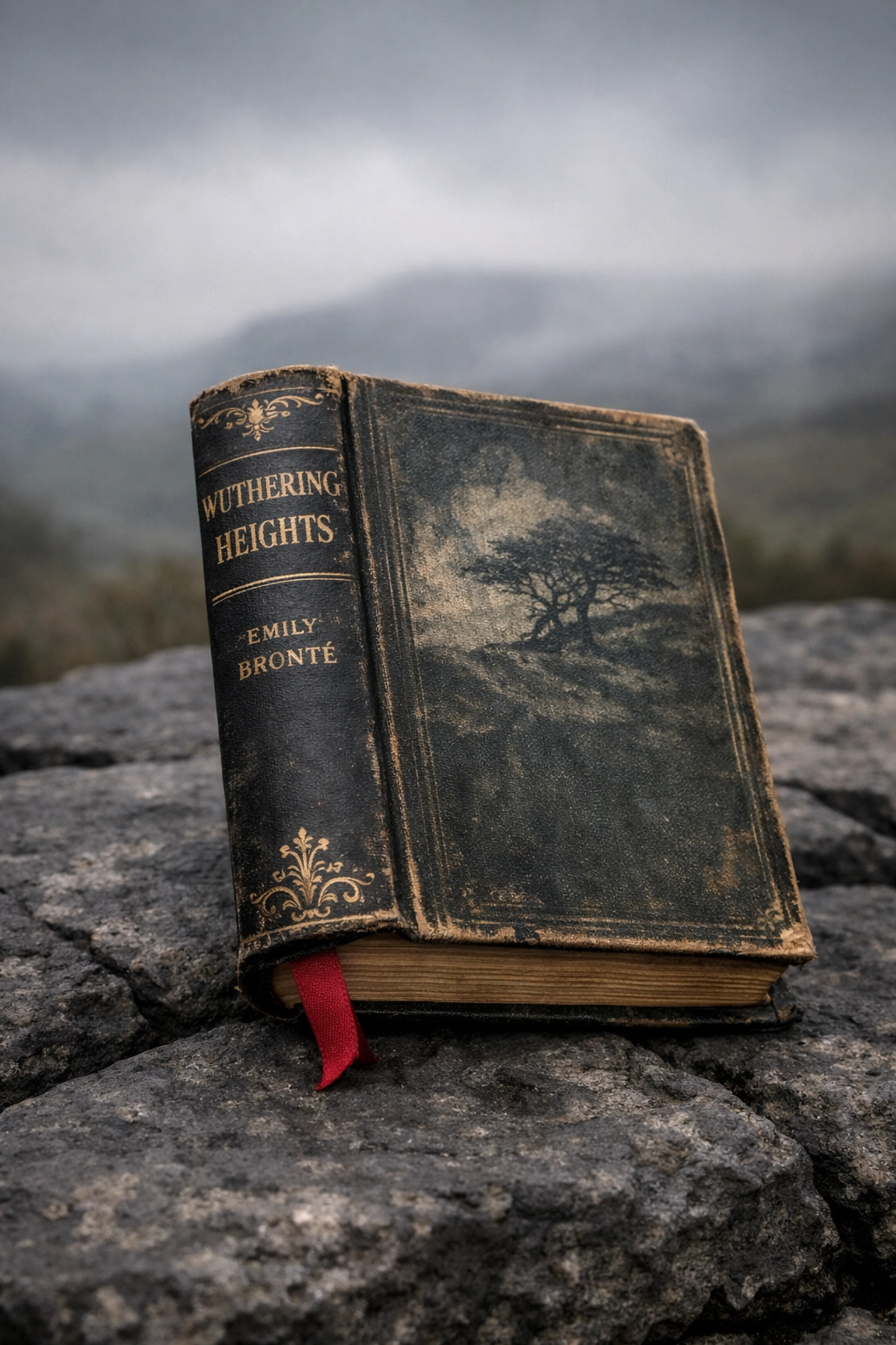 Wuthering Heights book on Yorkshire stone with misty moorland backdrop