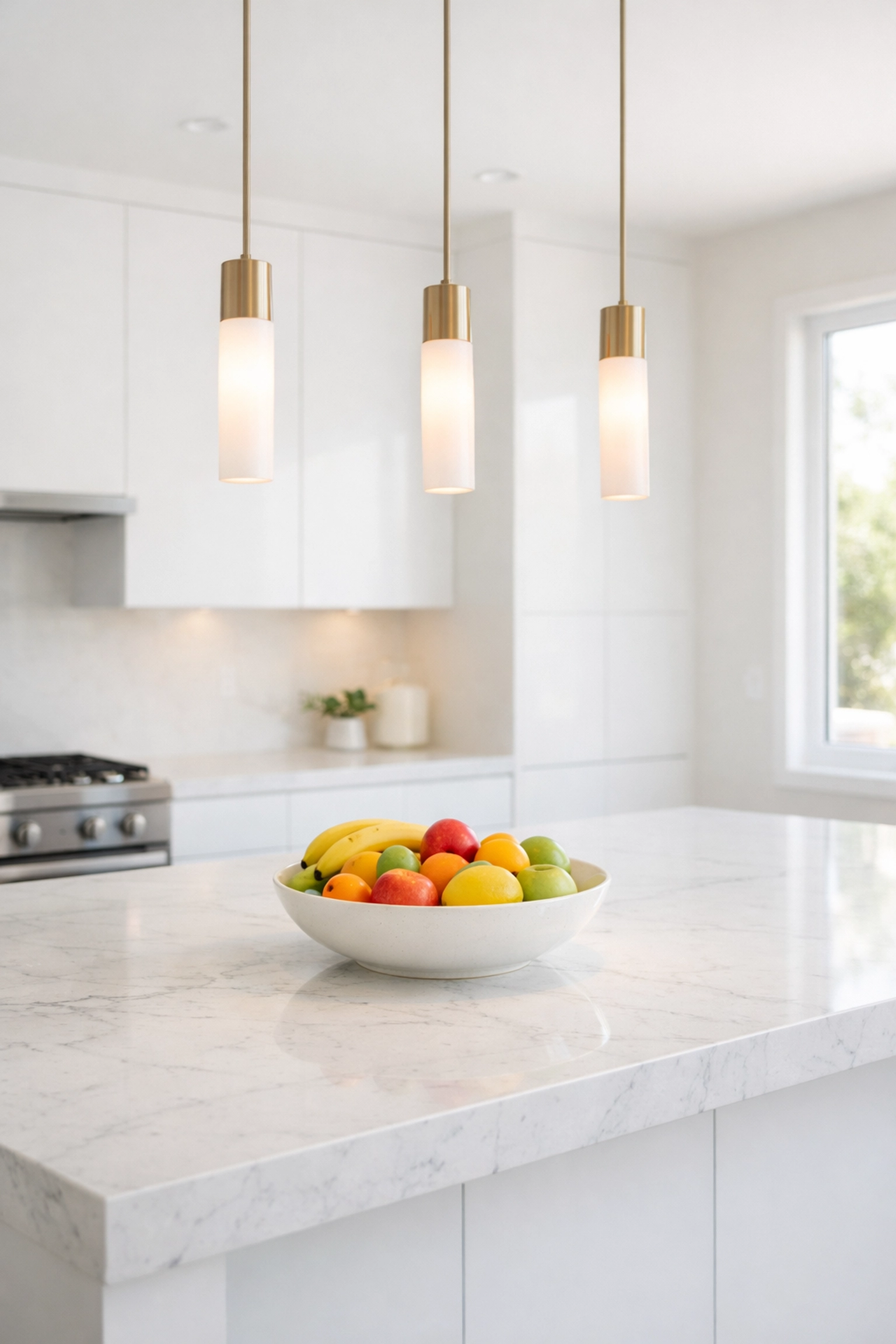 Modern Gilbert kitchen featuring bright pendant lighting over a marble island.