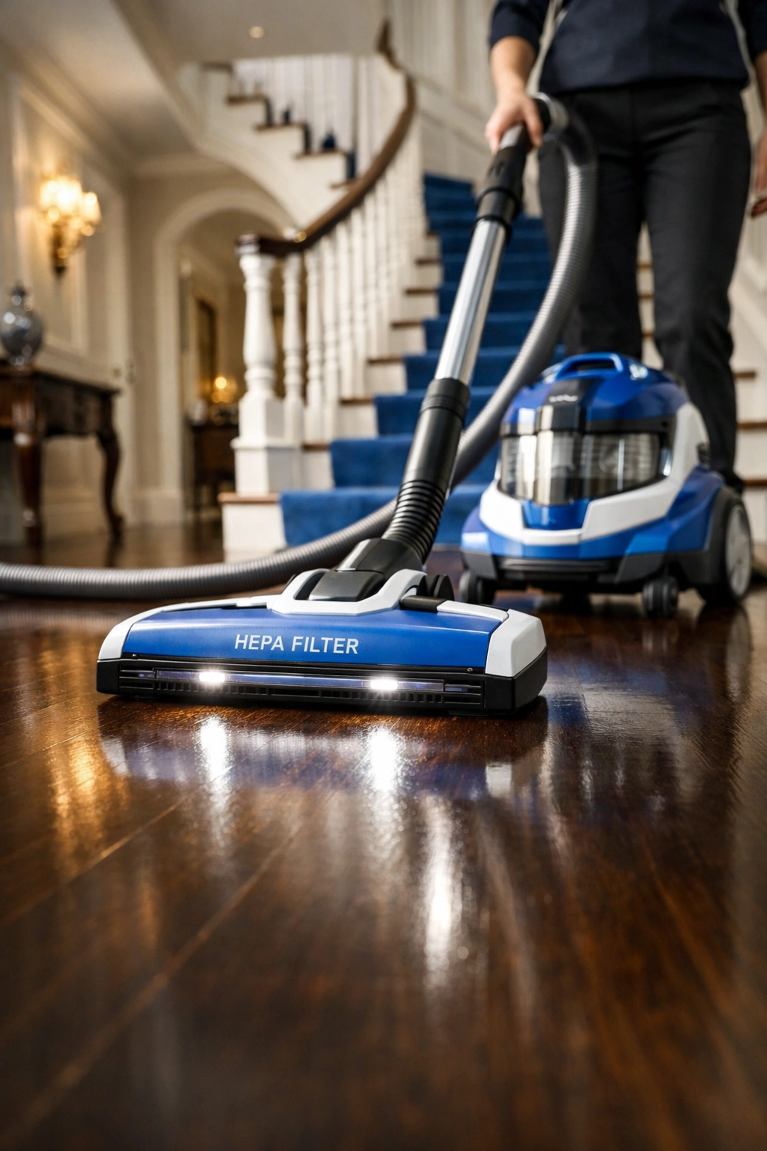 HEPA vacuuming polished wood floors as part of post construction cleaning Southborough.