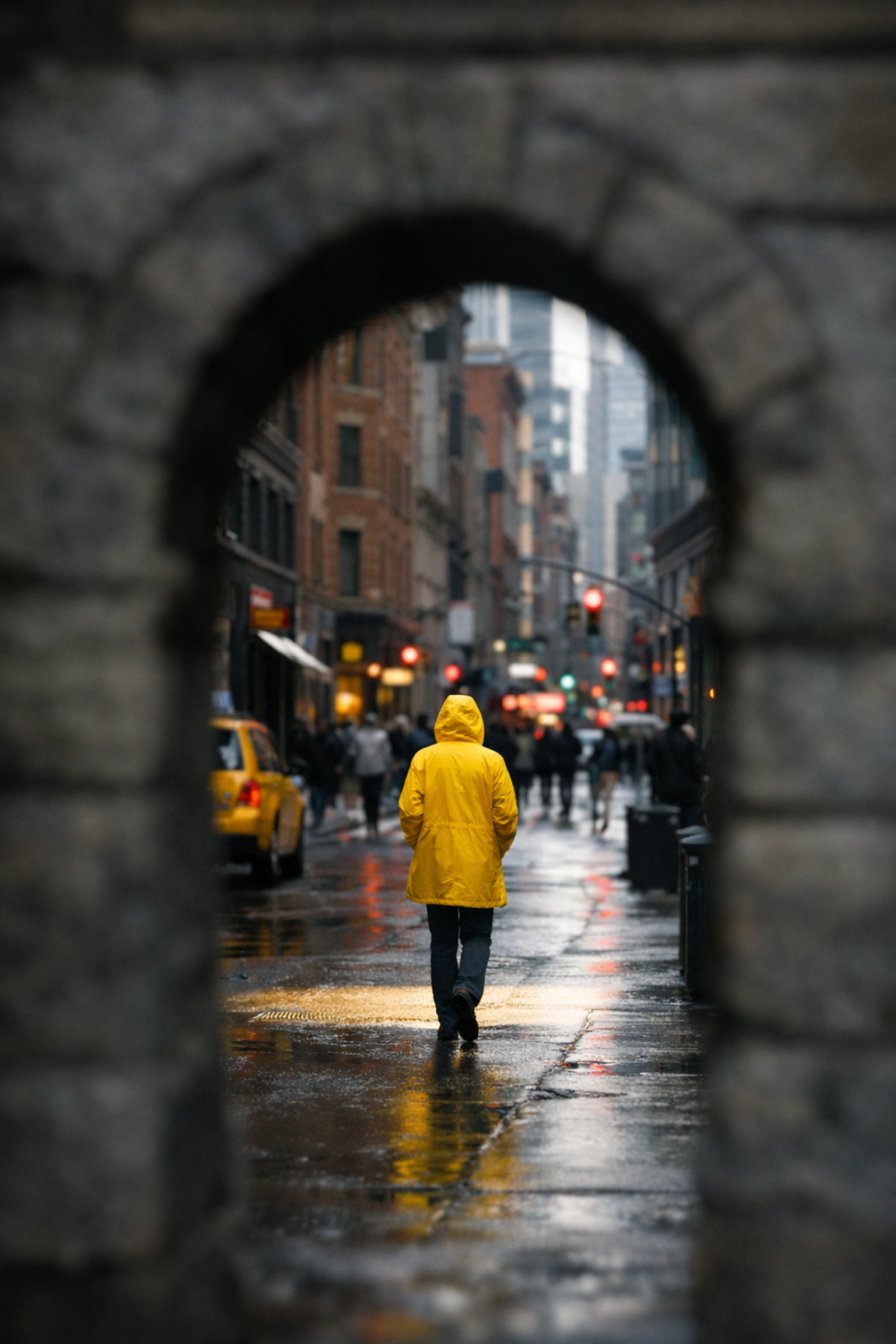 A person in a yellow raincoat framed by a stone archway on a city street for creative street photography.
