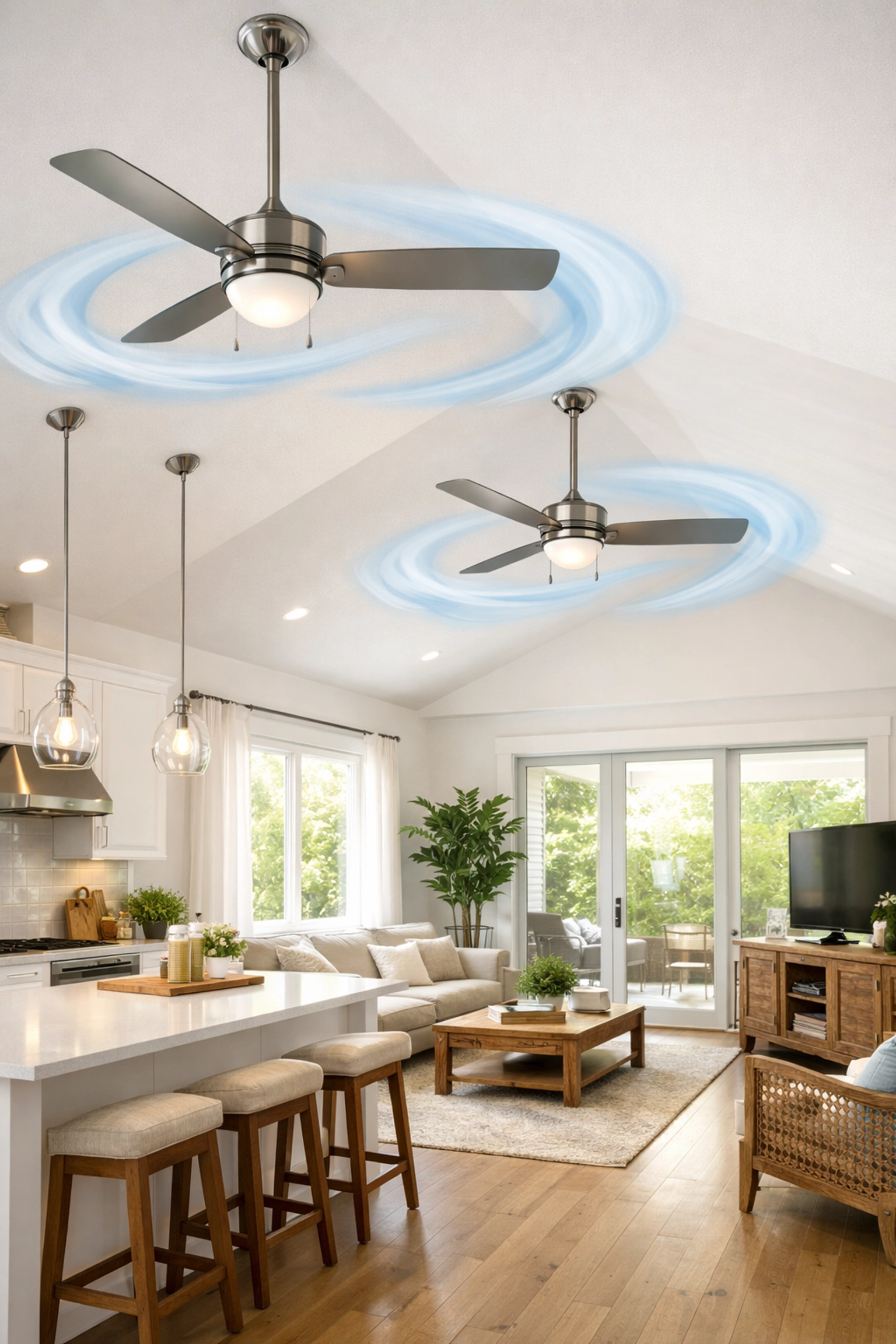 Modern open concept kitchen and living room with improved airflow in Orlando