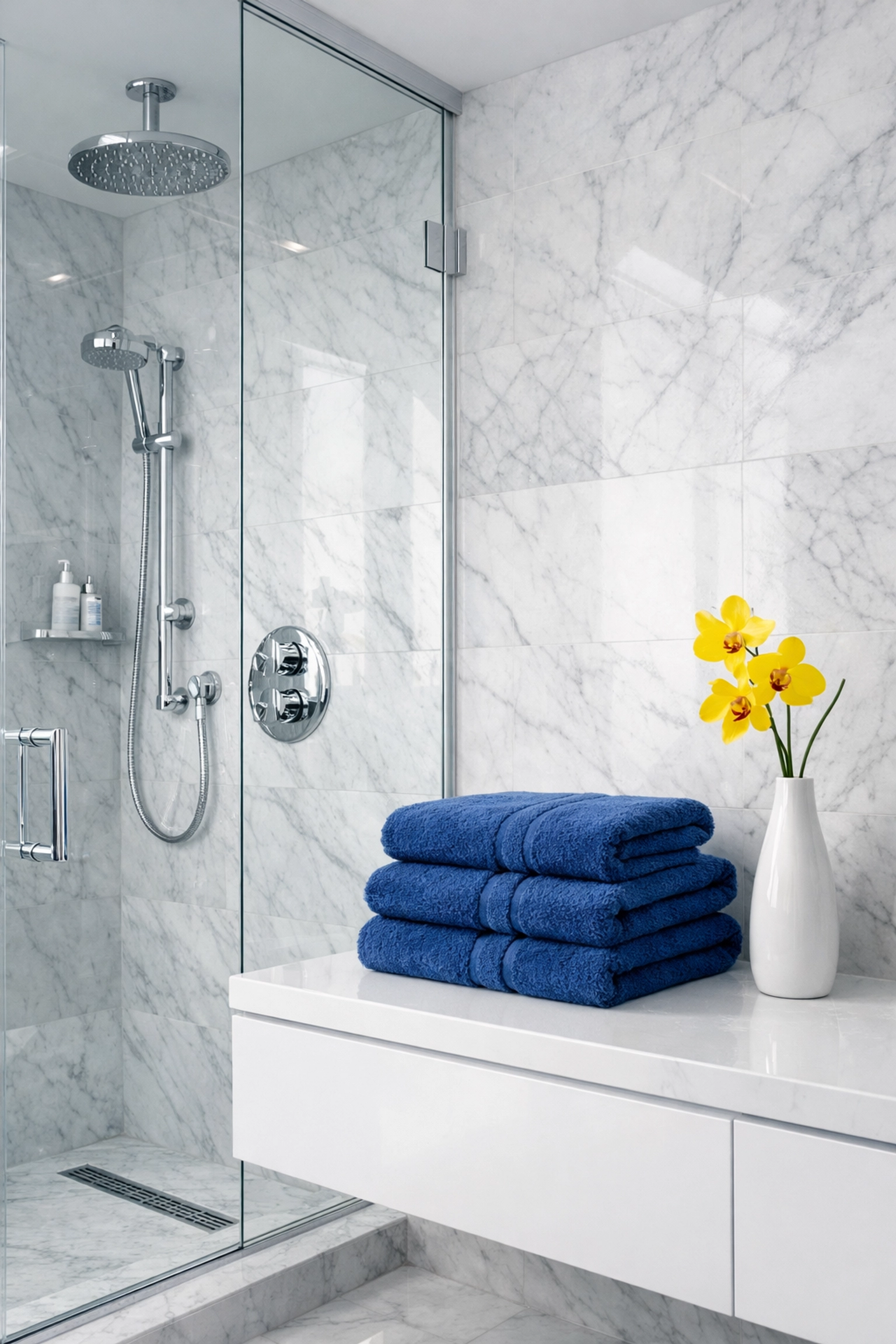 Sparkling marble bathroom with polished chrome fixtures from a professional cleaning service in Boxborough.