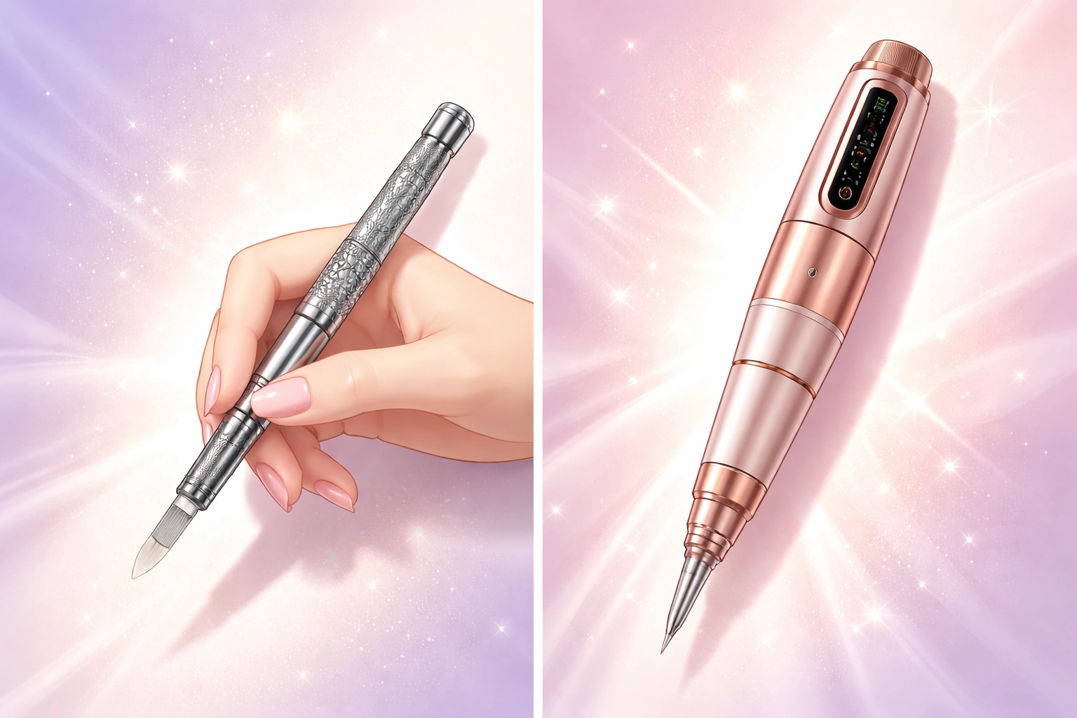 Editorial illustration showing microblading tool versus nano brow machine on a soft pastel luxury background