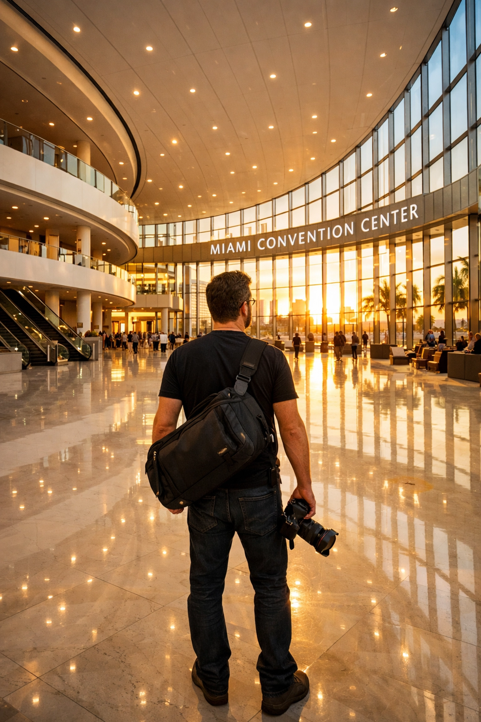 Professional miami event photographer in a modern convention center lobby for a corporate event.