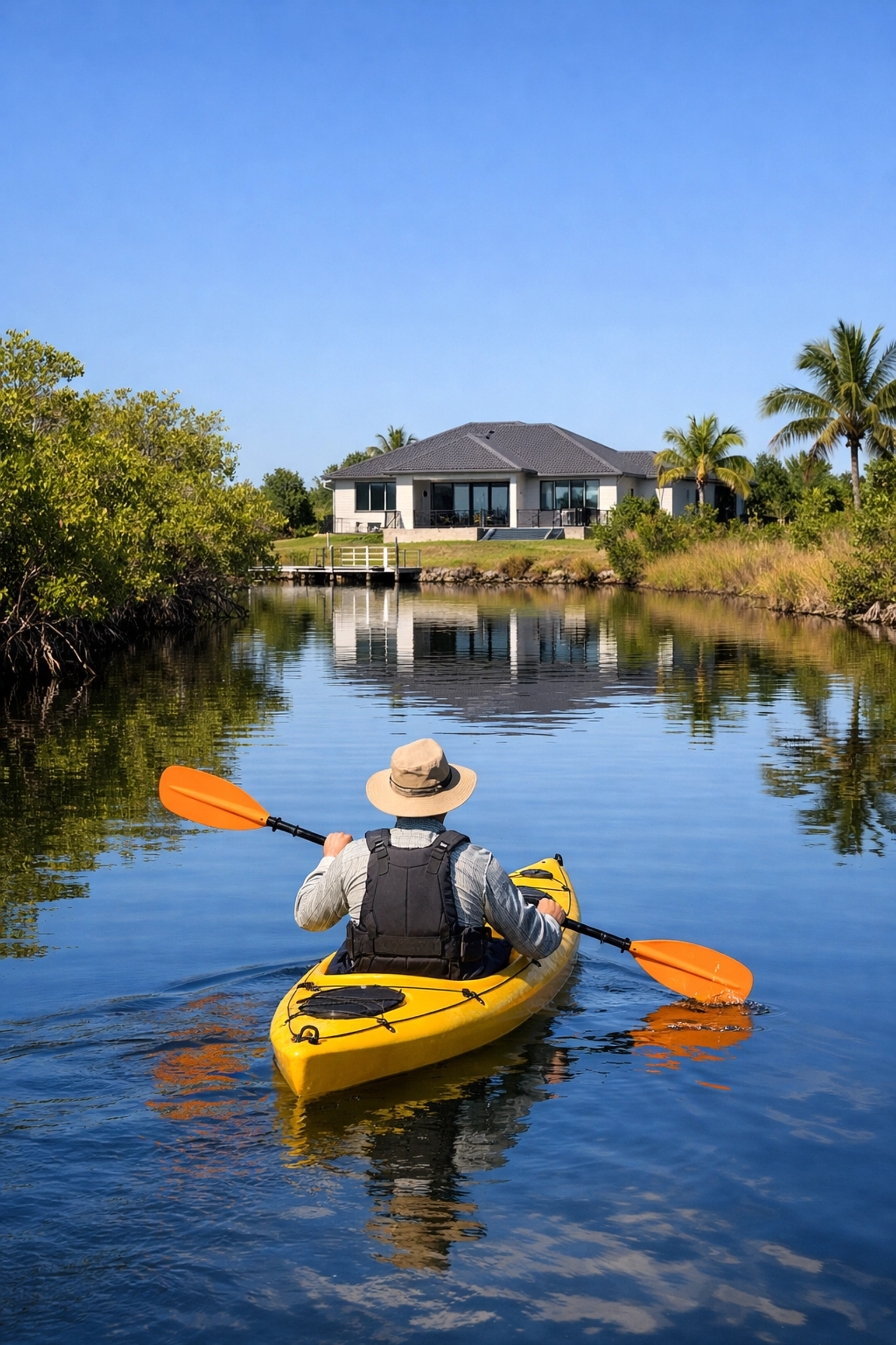 Peaceful kayaking in a Northwest Cape Coral canal near a modern waterfront home and lush mangroves.