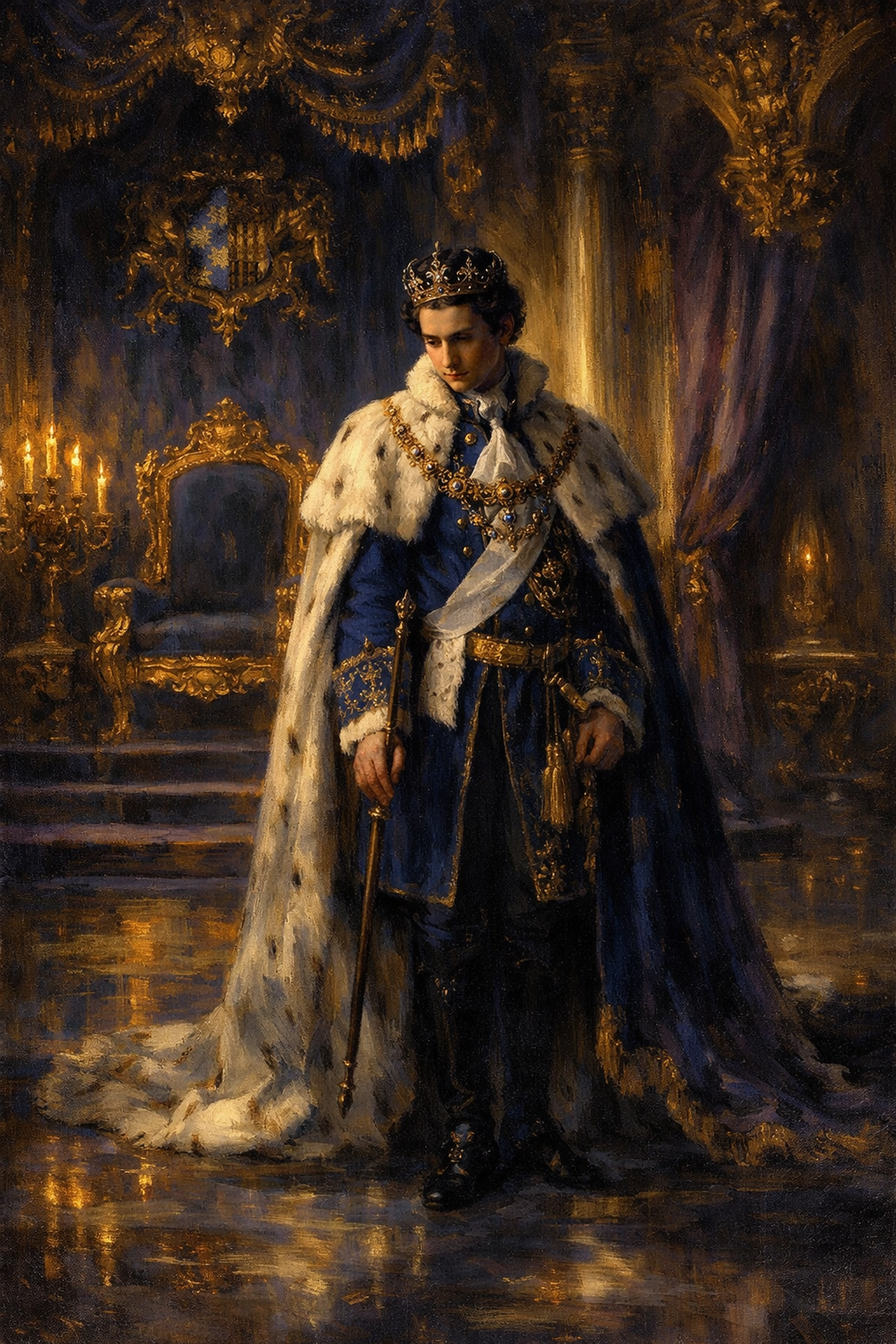 Young King Ludwig II of Bavaria stands isolated in ornate palace throne room at age 18