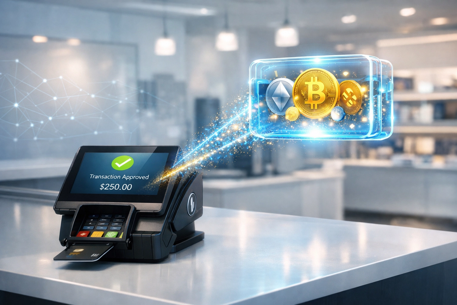 Crypto POS terminal delivering instant payment to self-custody wallet for small business