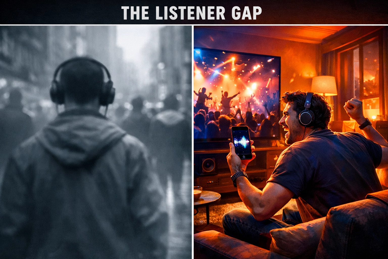 A split screen showing a passive listener versus an active fan engaged with an online radio station and Roku music channel.