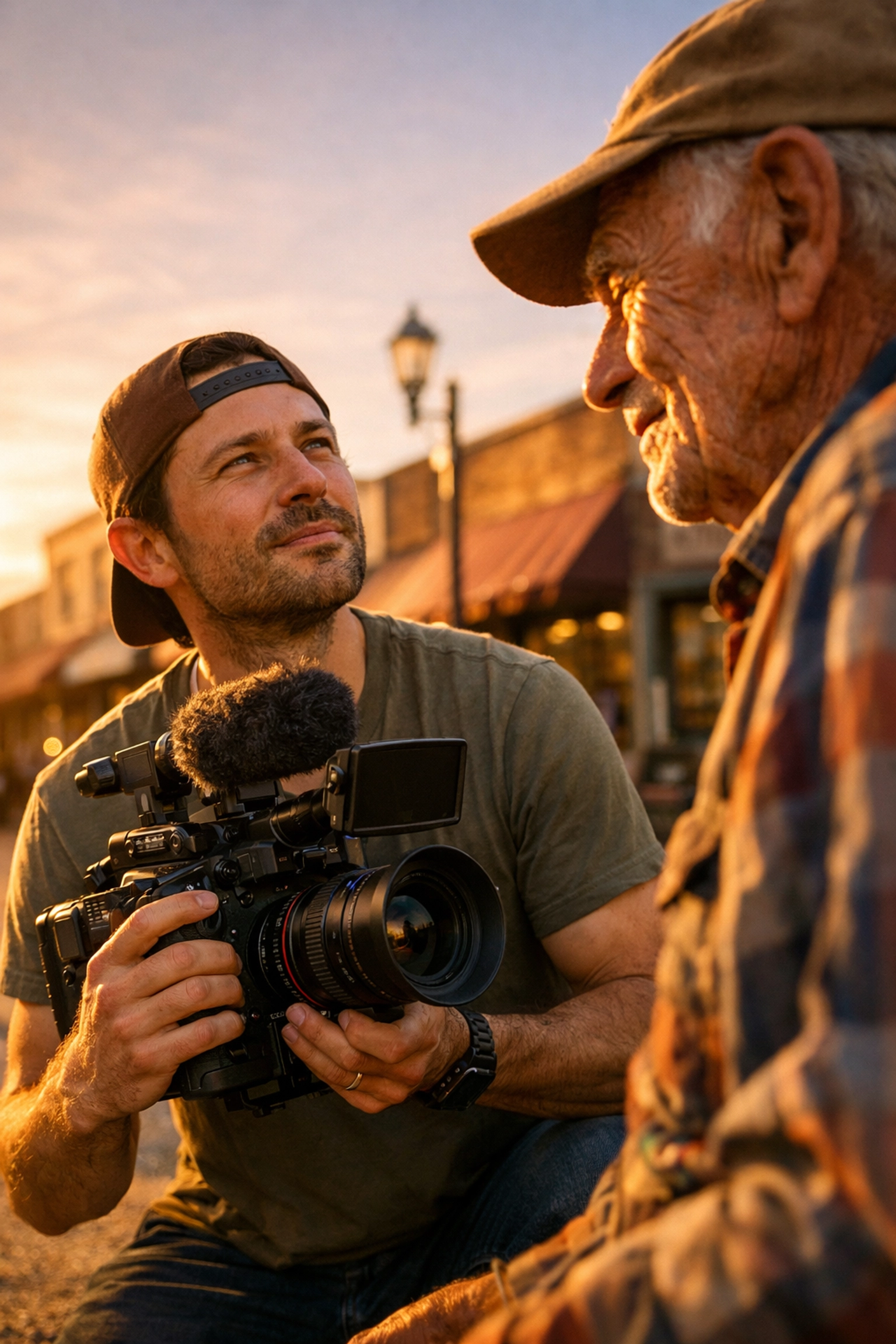 Documentary filmmaker interviewing subject on location capturing authentic human interest storytelling