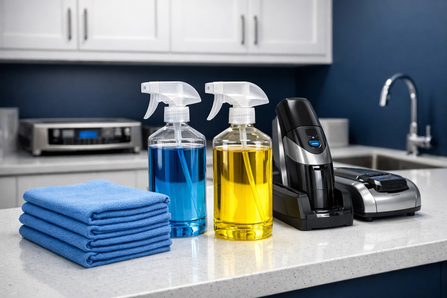 Professional-grade house cleaning supplies and organized equipment used by The Cleaning Ninjas Inc.