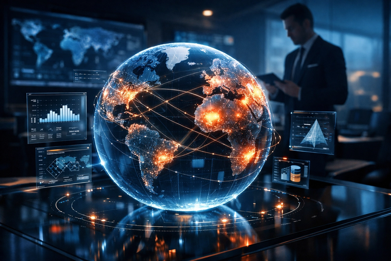 AI-powered command center visualizing geopolitical risk and supply chain routes for predictive scenario planning.