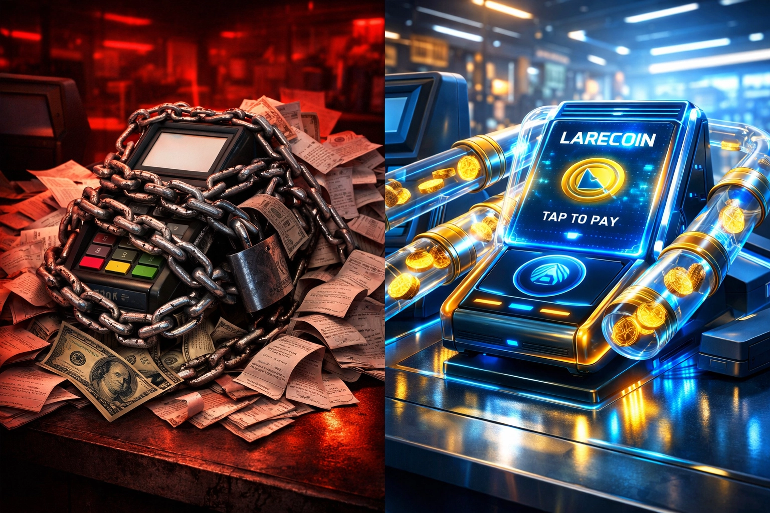 Traditional payment terminals vs Larecoin Web3 payments showing cost reduction and merchant fee comparison