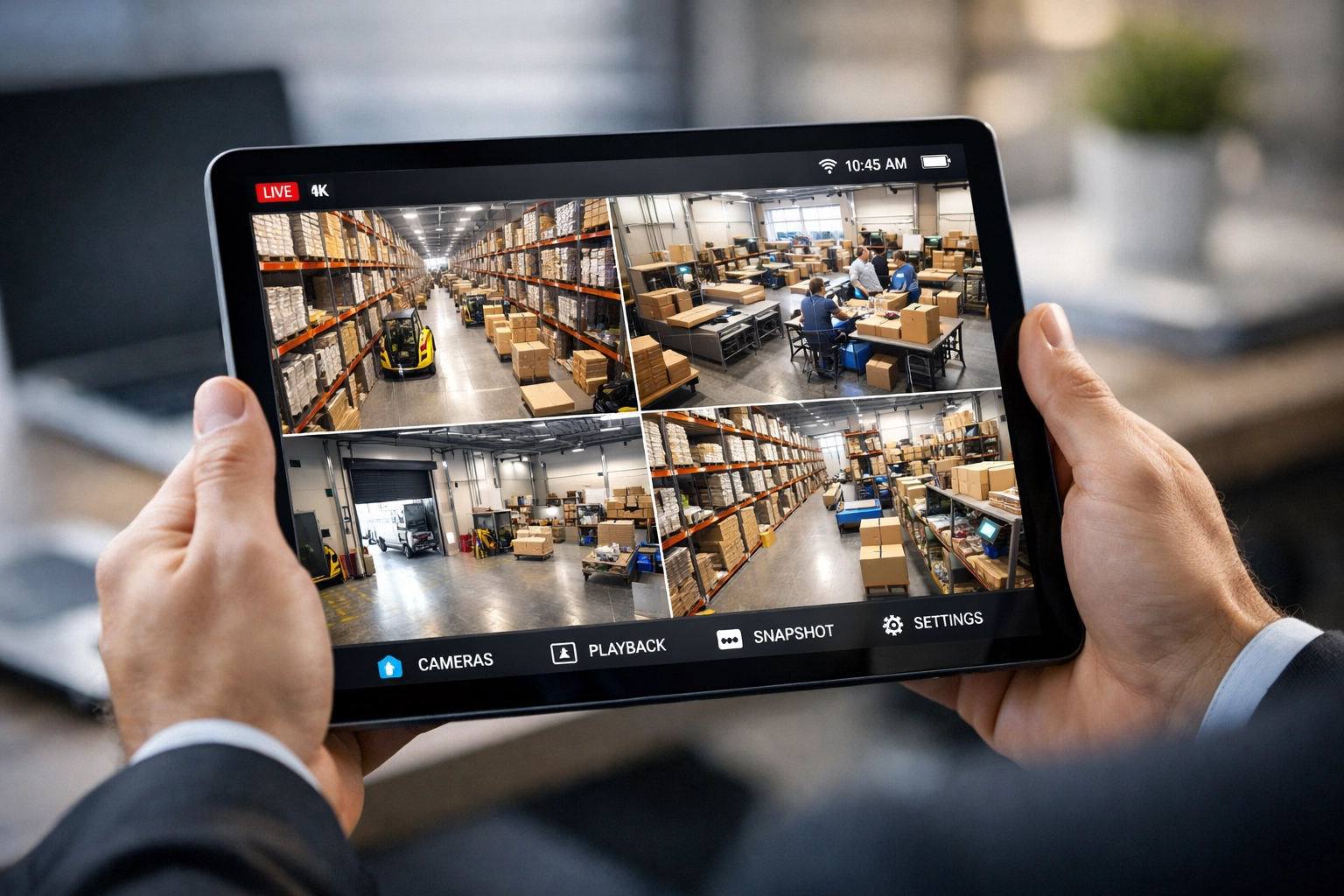 Remote CCTV monitoring of a warehouse via a tablet for professional Worcester business security.