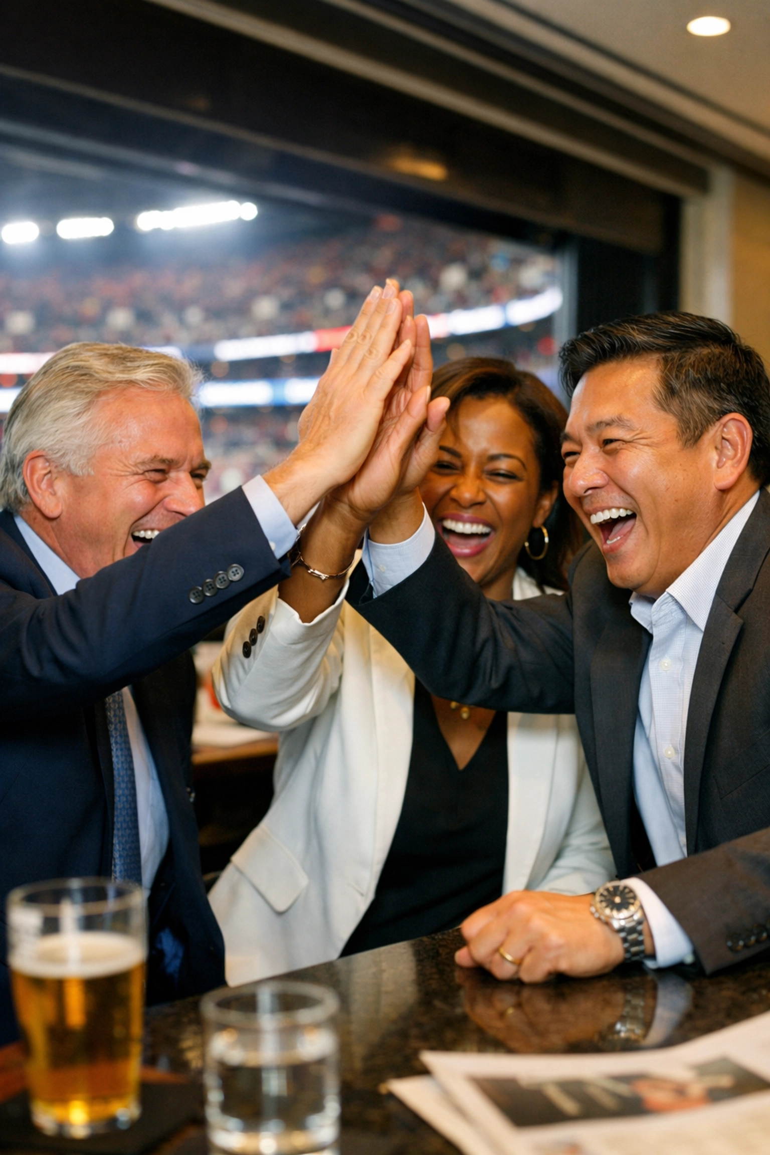 High-level executives celebrating and building rapport in a premium Super Bowl hospitality suite.
