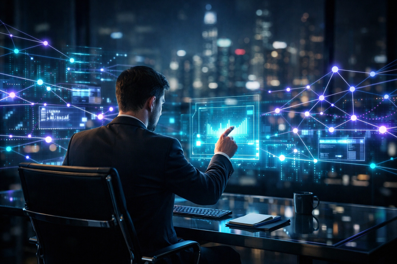 Professional overseeing autonomous business process automation through digital data interfaces.