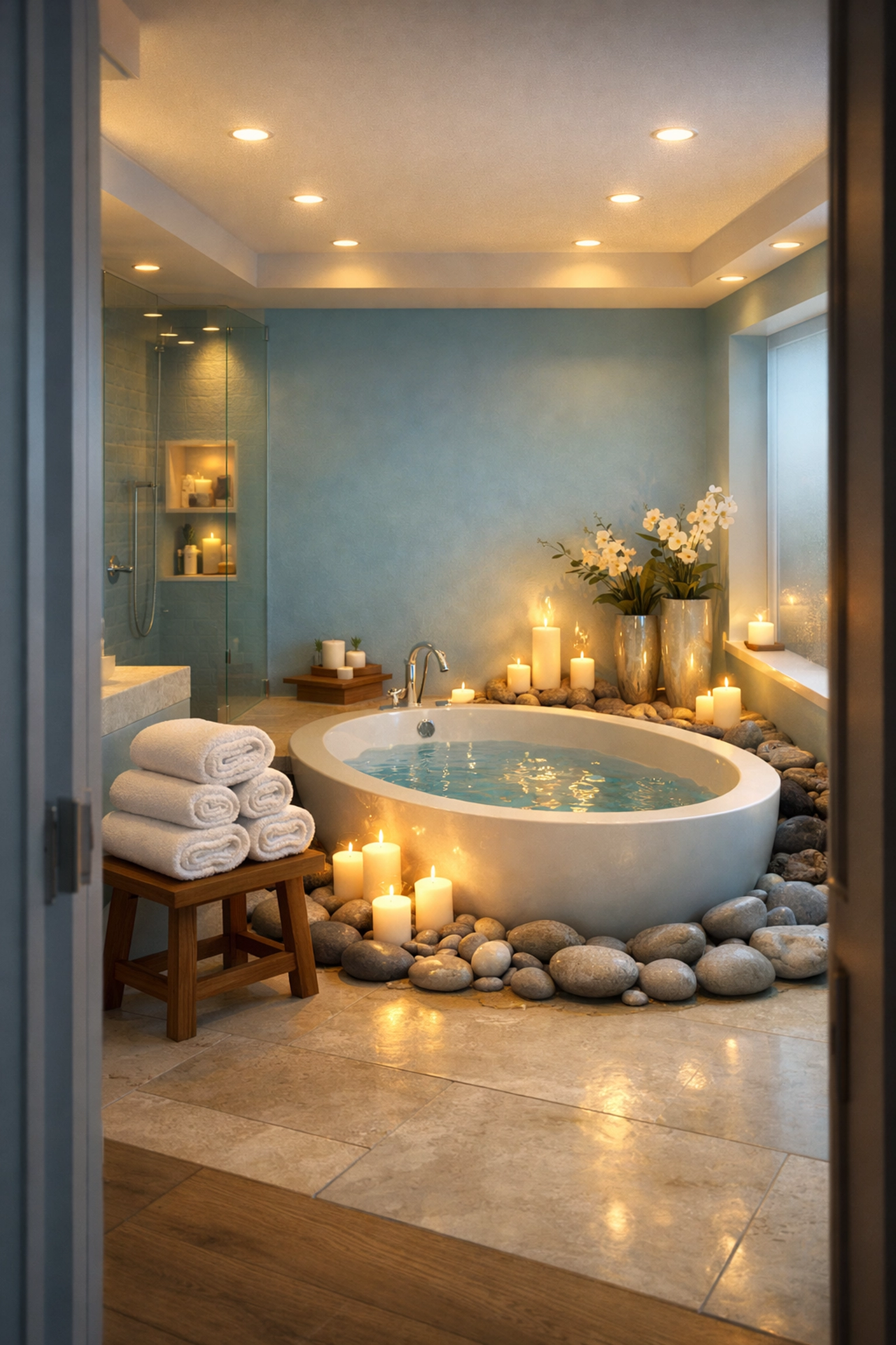 A pristine, sanitized master bathroom with a soaking tub and candles offering a spa-like retreat.
