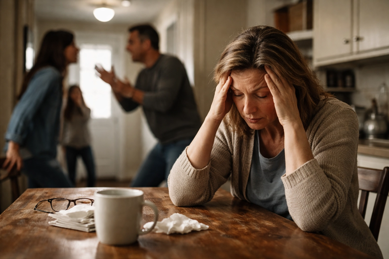 Stressed woman at kitchen table with arguing family in background, showing household witchcraft tension