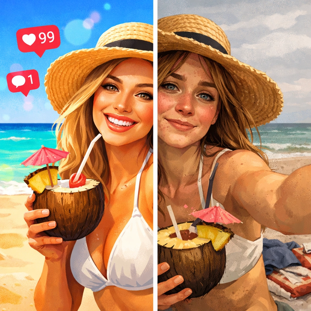 Split screen comparing filtered Instagram photos versus authentic reality for teens