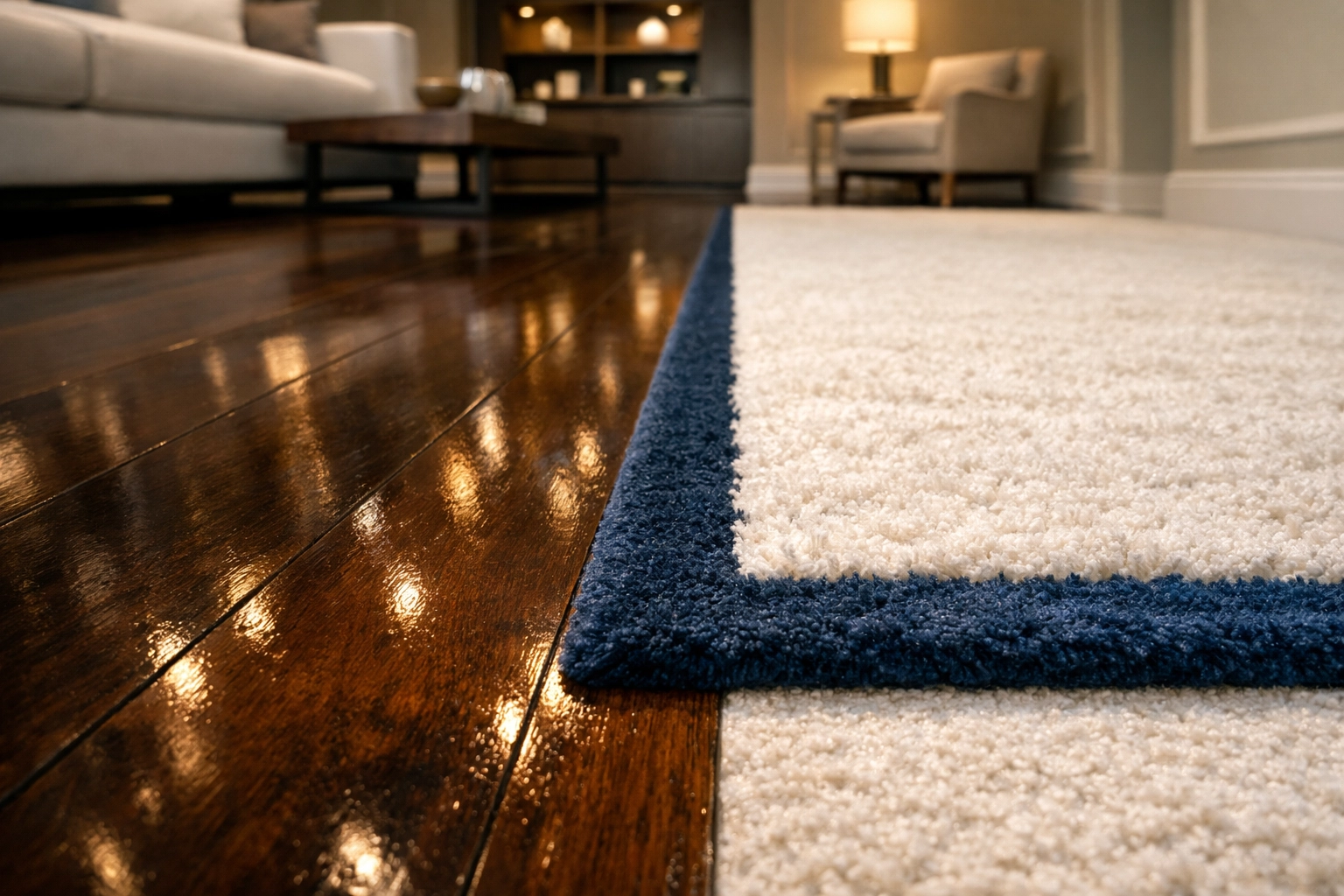 Polished hardwood floors and clean area rug in a luxury living room after professional deep cleaning.