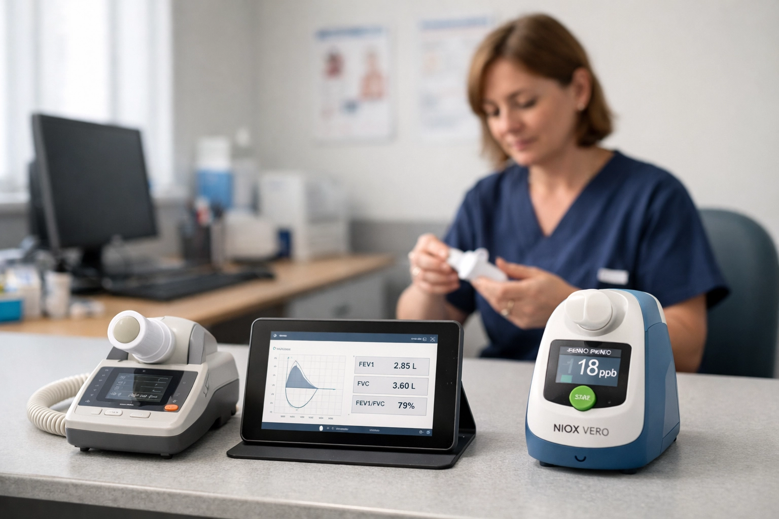 Spirometry and FeNO diagnostic equipment in an NHS clinical setting for respiratory reviews.