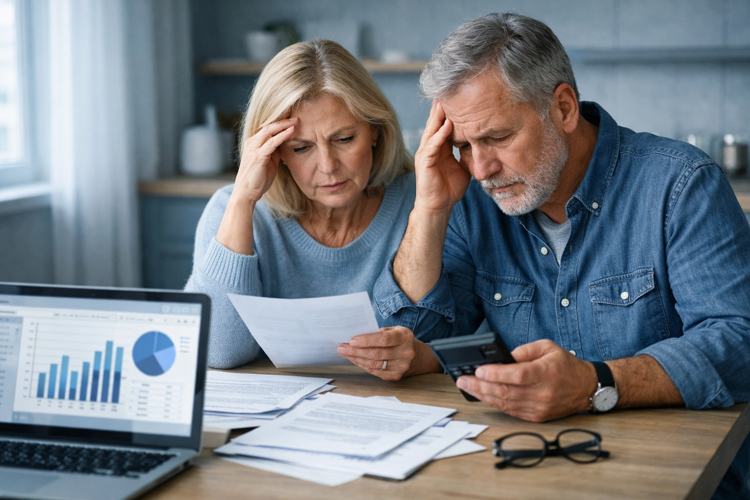 Couple reviewing retirement financial documents with stress and confusion at kitchen table
