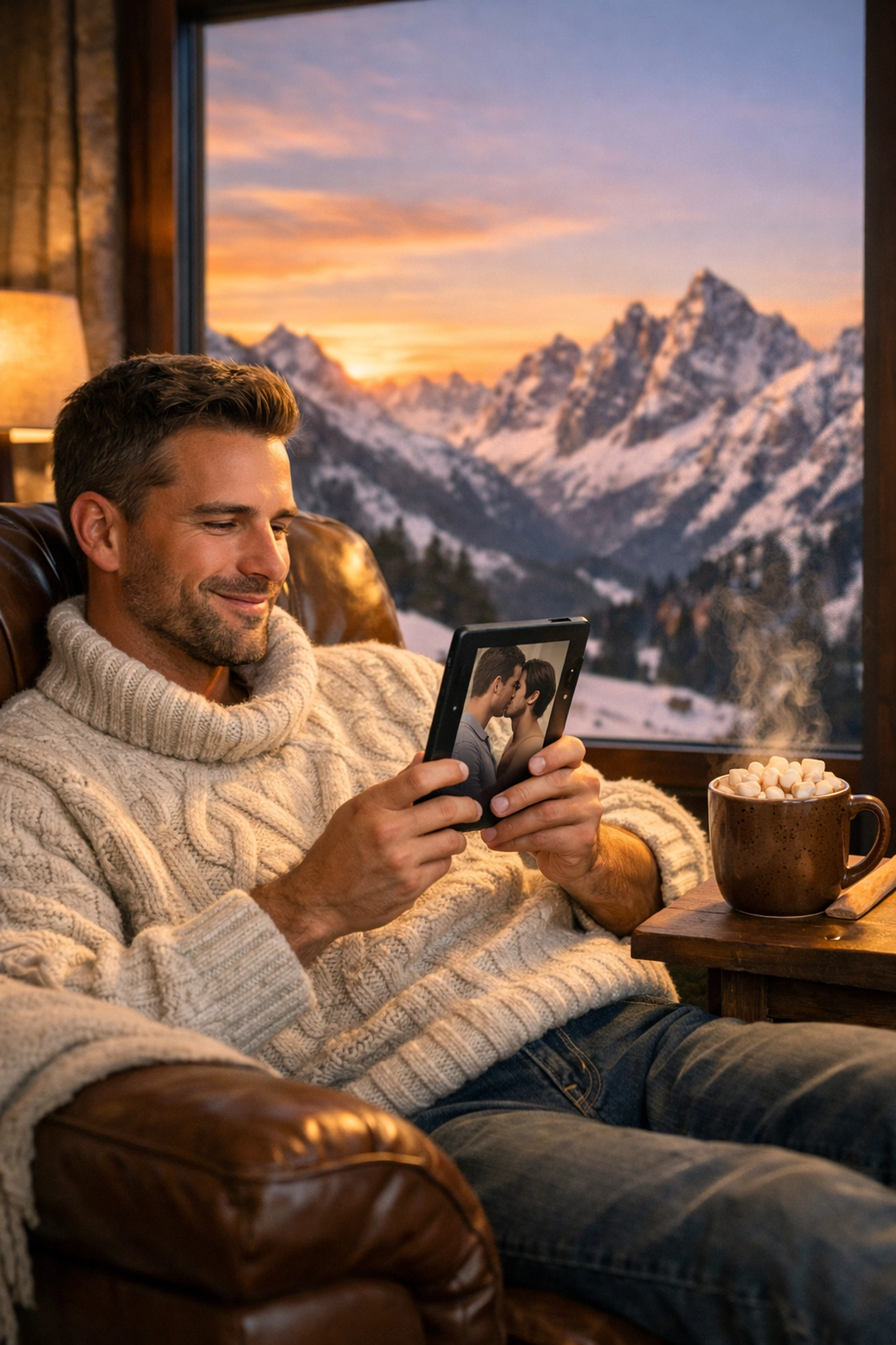 A gay man reading an MM romance book in a cozy Alpine chalet overlooking snowy mountain peaks at sunset.