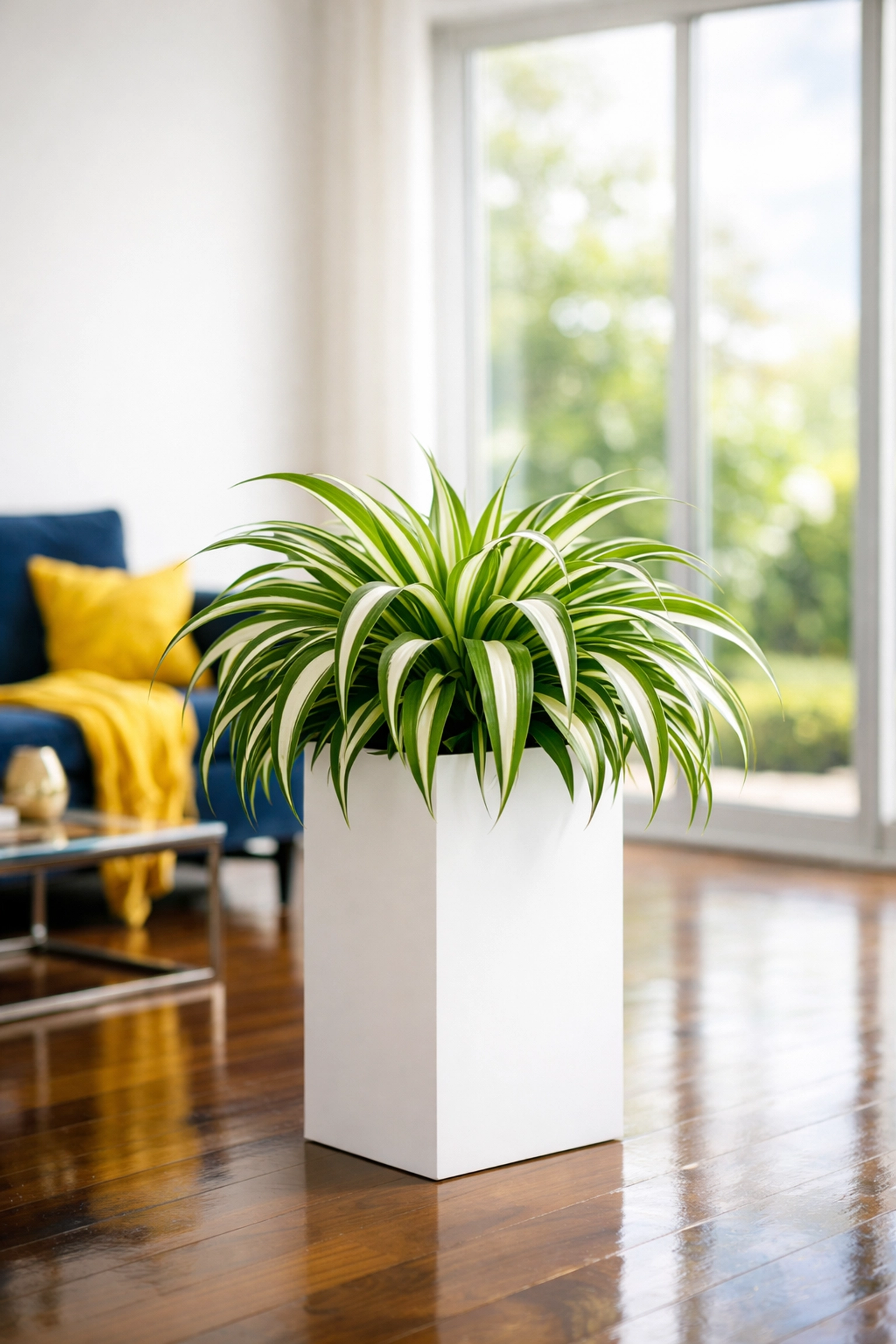 Lush spider plant on a minimalist pedestal in a sun-drenched living room for cleaner indoor air.