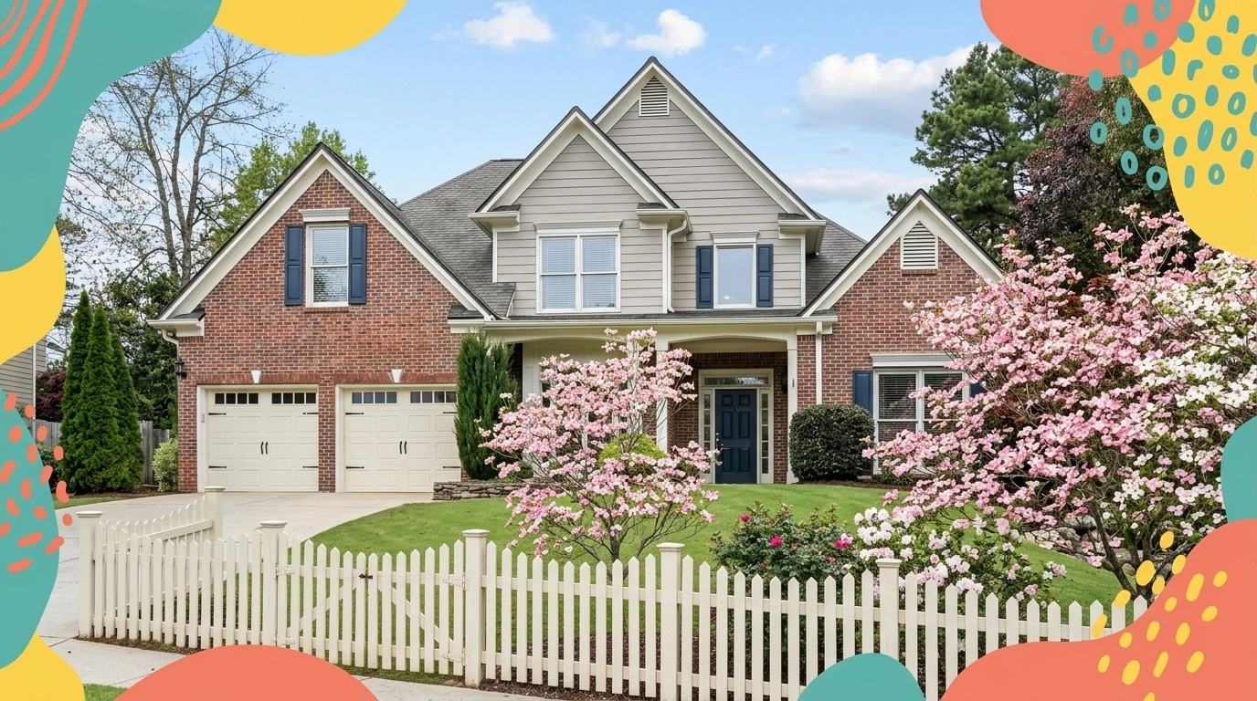 Traditional Marietta home in April with colorful frame accents