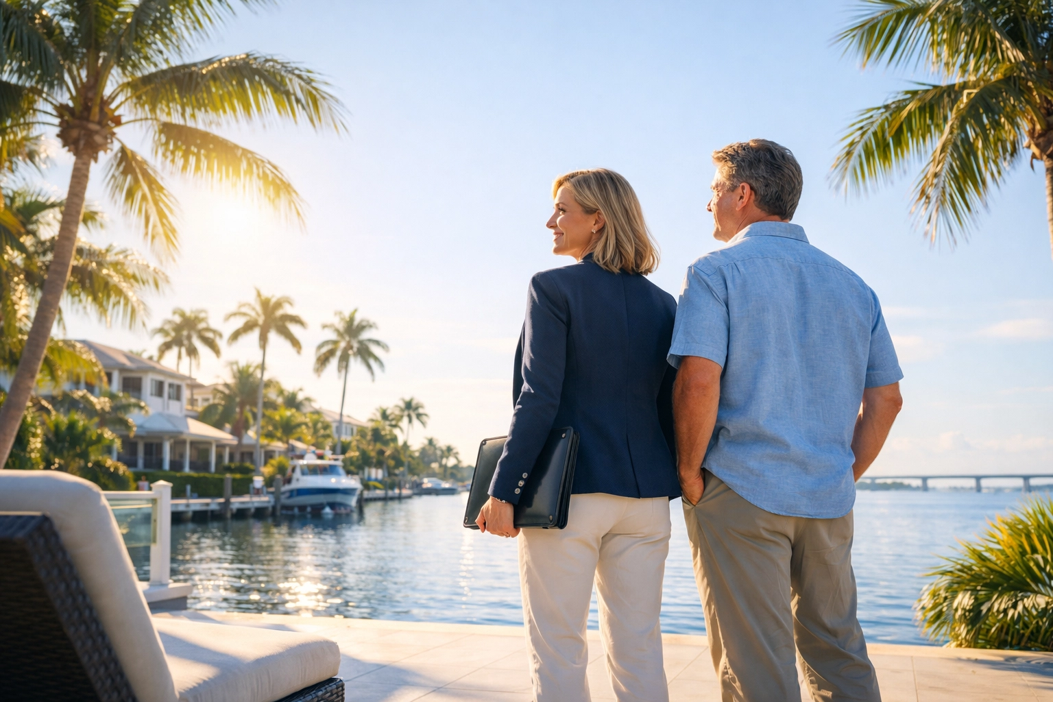 A realtor and client discussing pre-foreclosure in Florida on a scenic Fort Myers patio overlooking the water.