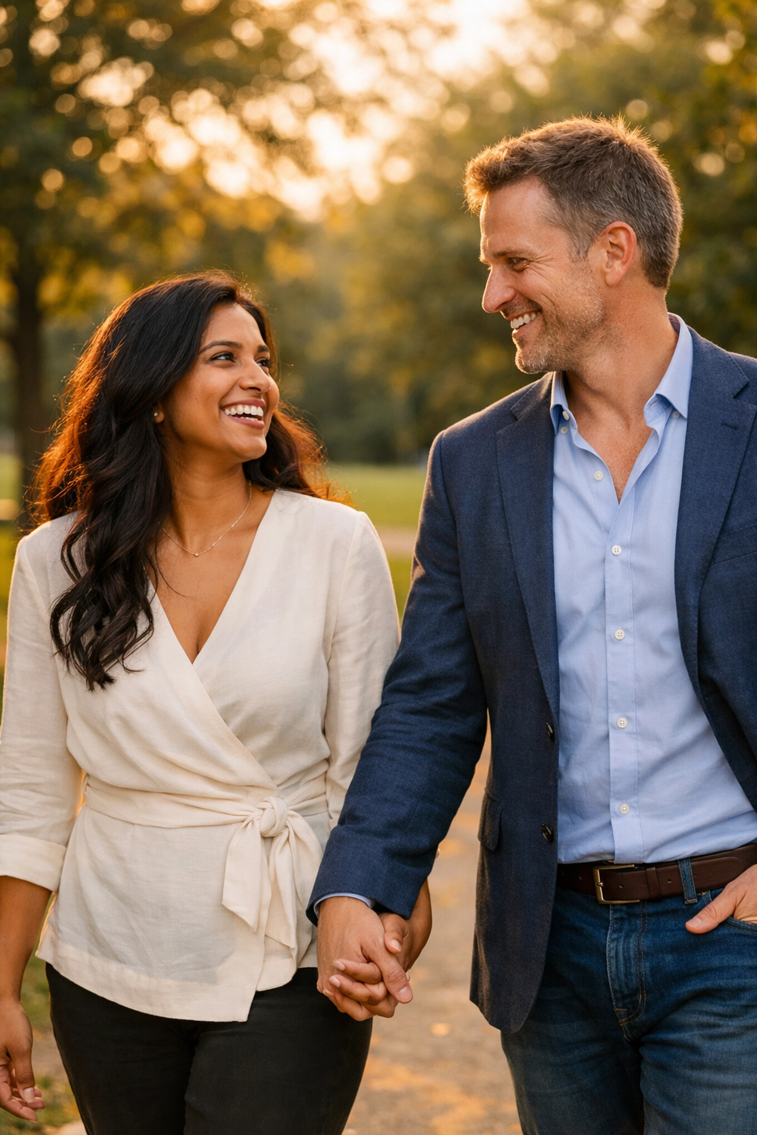 Couple business partners enjoying a walk and celebrating a shared victory together.