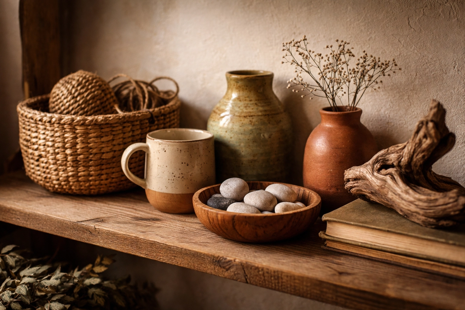 Rustic shelf arrangement with ceramic vessels, woven basket, and wooden bowl, featuring artisan nature-inspired accessories.