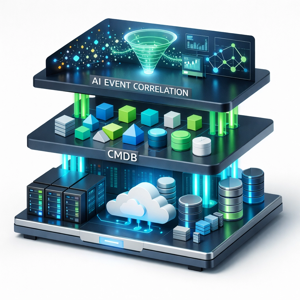 ServiceNow ITOM automation stack showing integrated CMDB and AI-powered event correlation layers