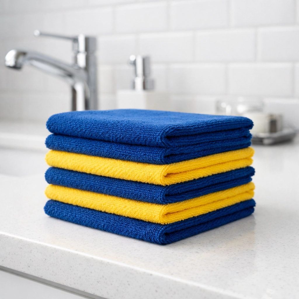 Professional microfiber cleaning cloths stacked on a clean bathroom vanity for weekly house cleaning.