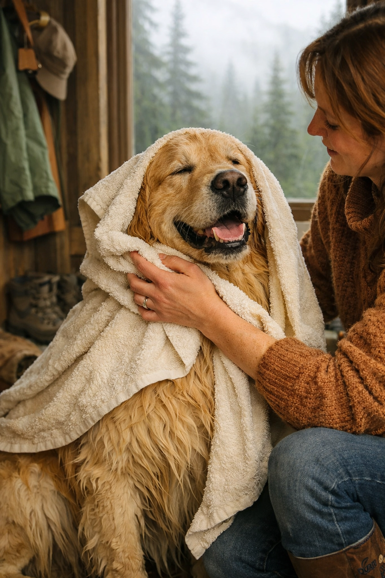 Grooming a Golden Retriever in Oregon by drying their coat to prevent skin issues and ensure wellness.