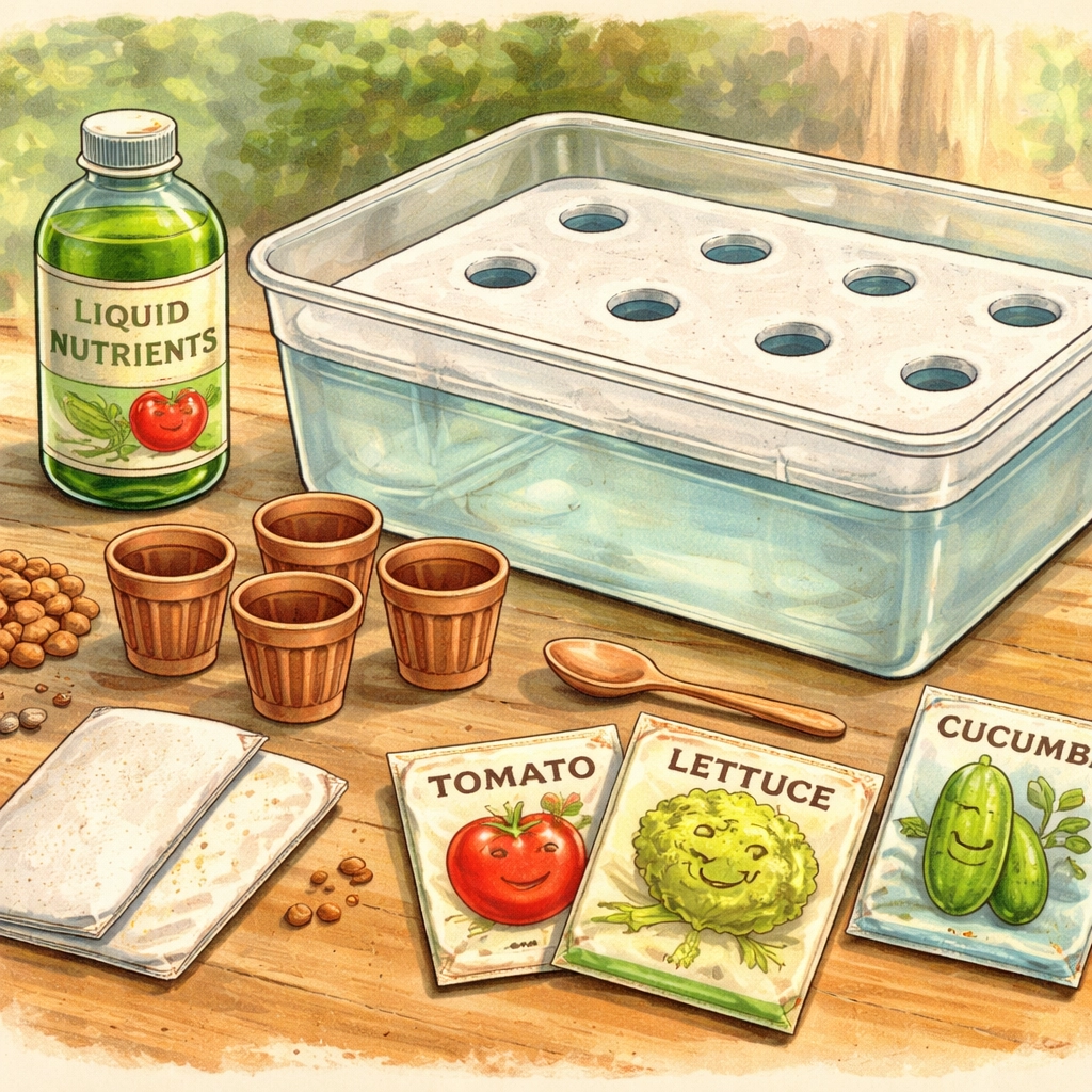 Tabletop scene with supplies for a DIY floating raft garden, including a plastic bin, foam sheet, net cups, and seeds