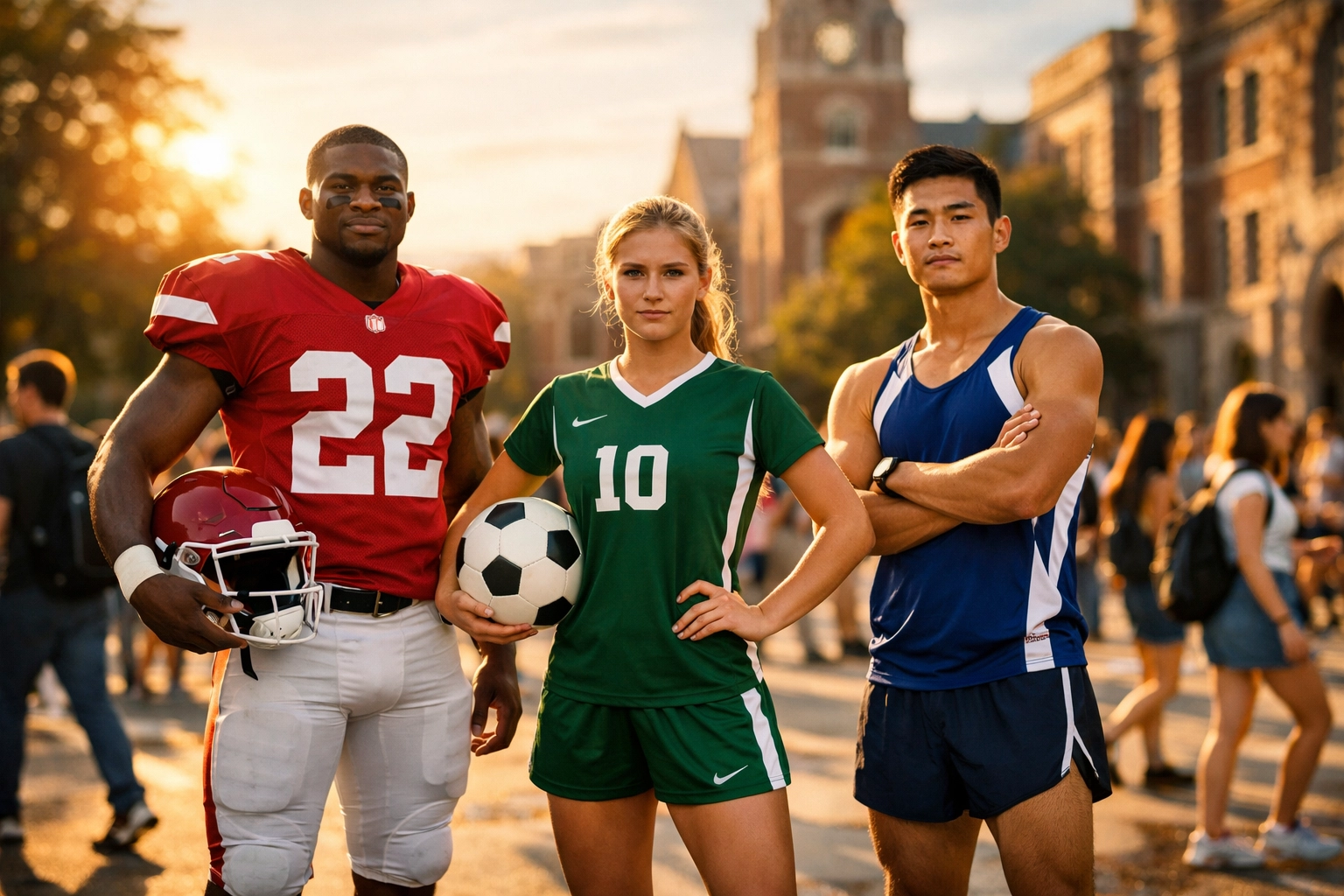 Diverse student-athletes on a university campus representing local hero status for NIL marketing campaigns.