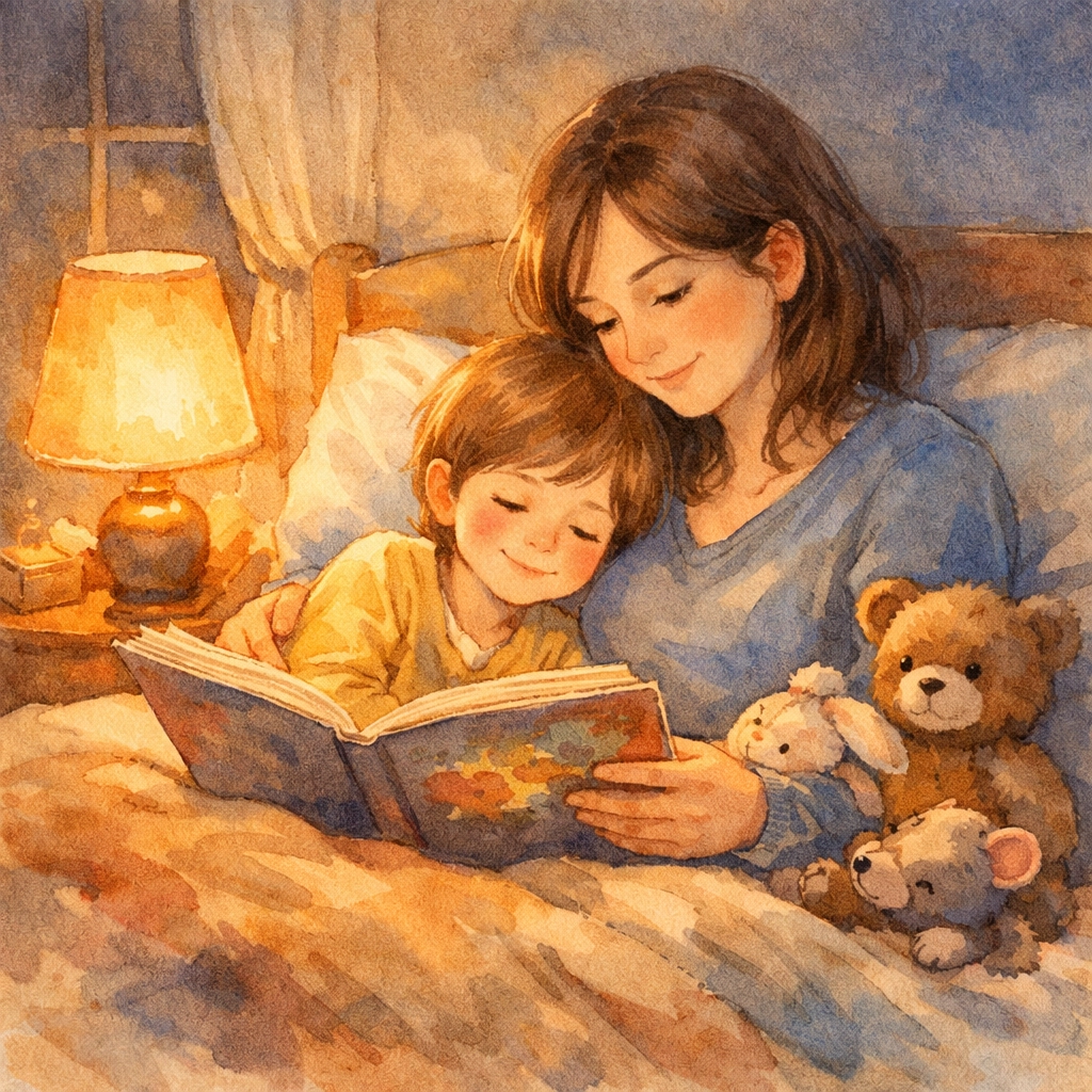Mom reading screen-free bedtime stories to young child in cozy bedroom