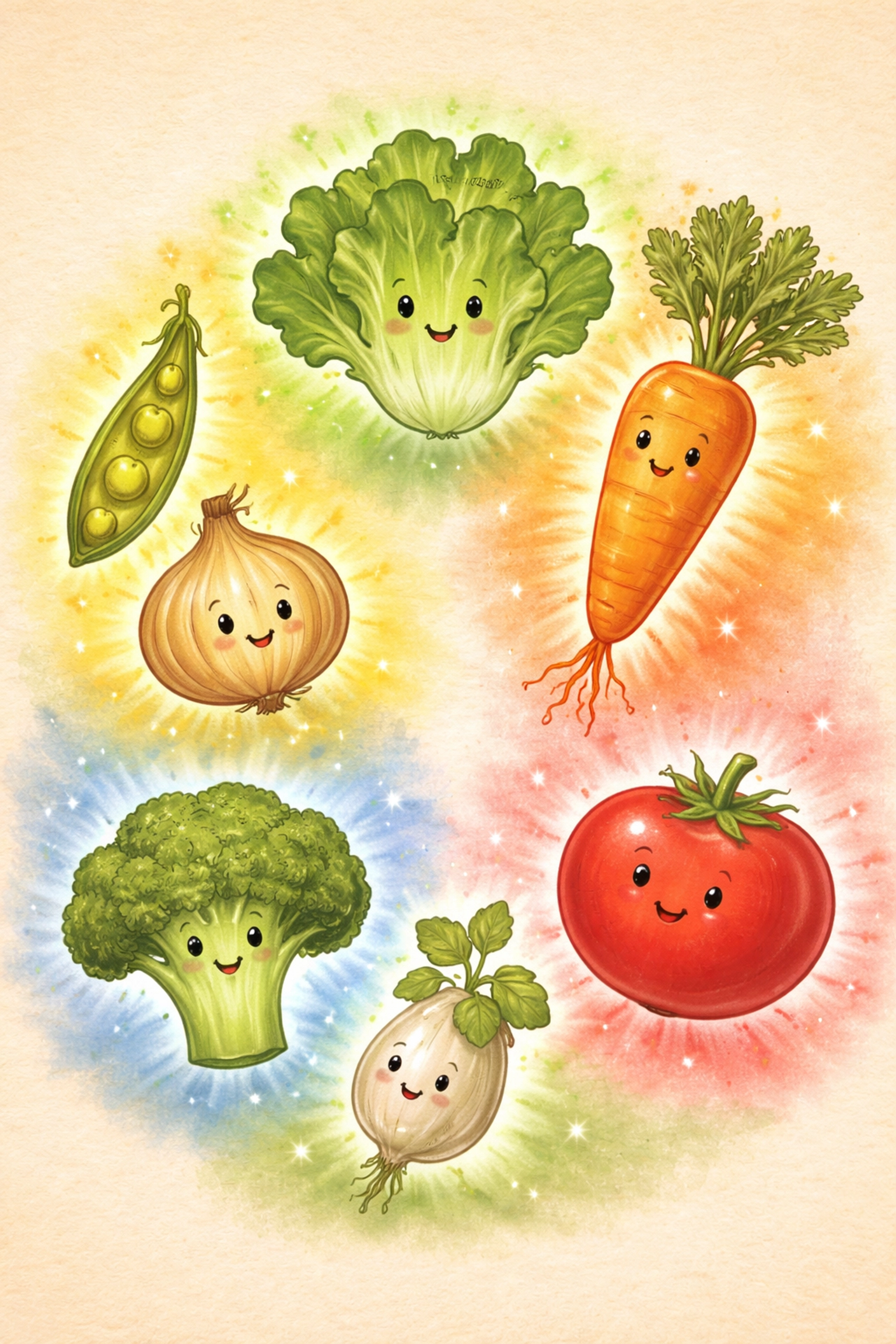 Cartoon vegetables arranged in a circle, each highlighting key nutrients for hydroponic vertical gardens