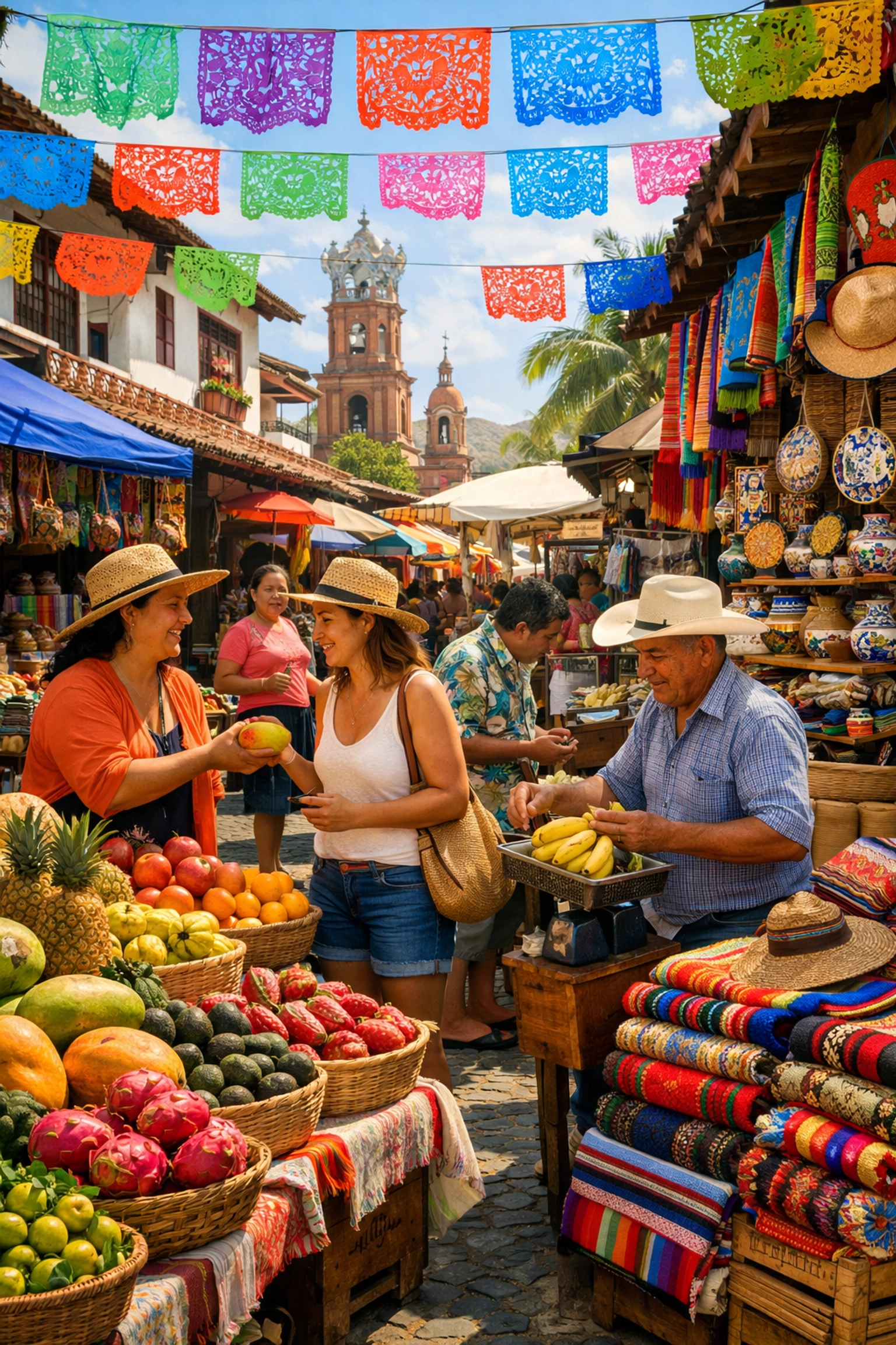 Traditional Puerto Vallarta market with local vendors and colorful goods