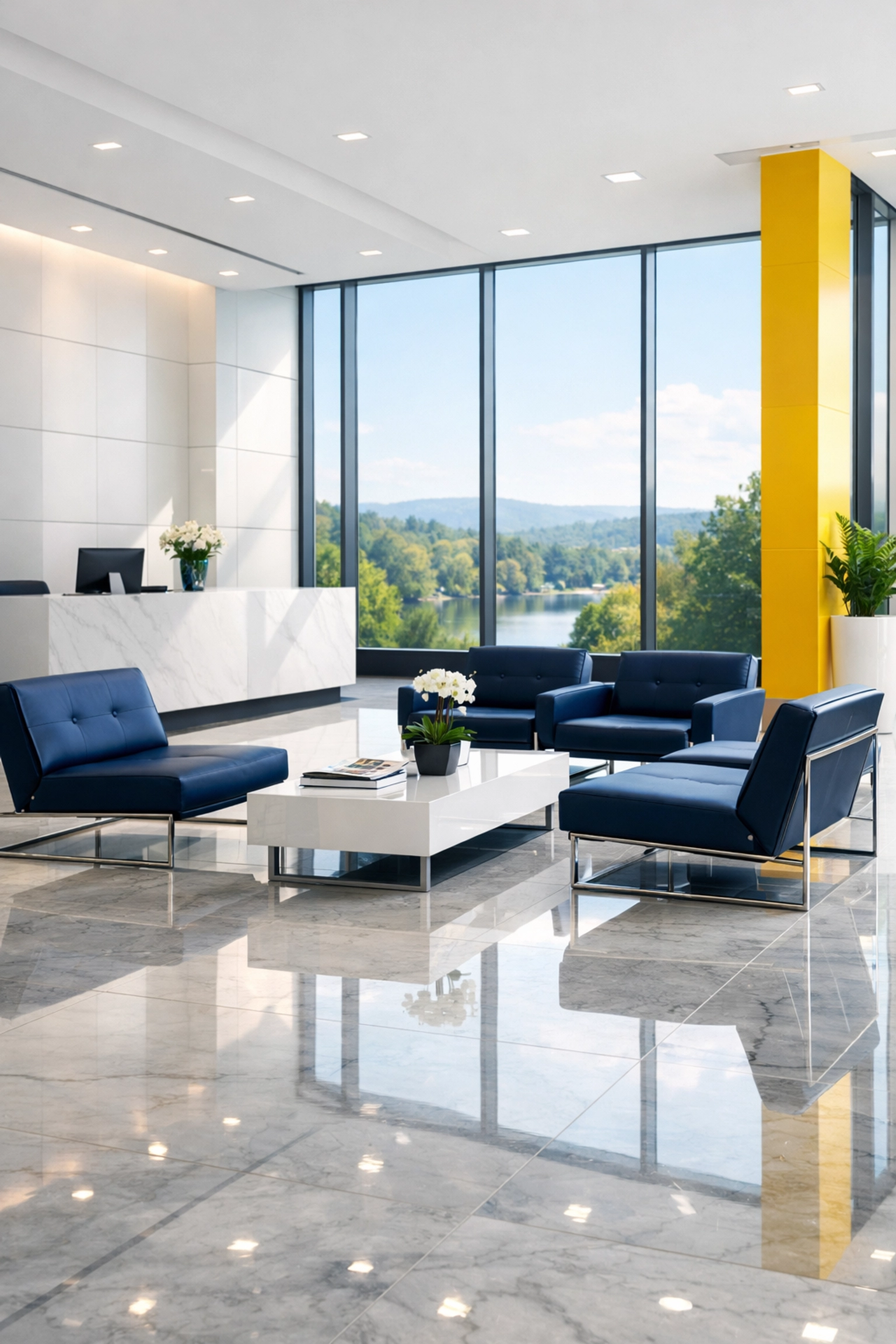 Spotless modern office reception area with polished marble floors cleaned by Hopkinton commercial cleaners.