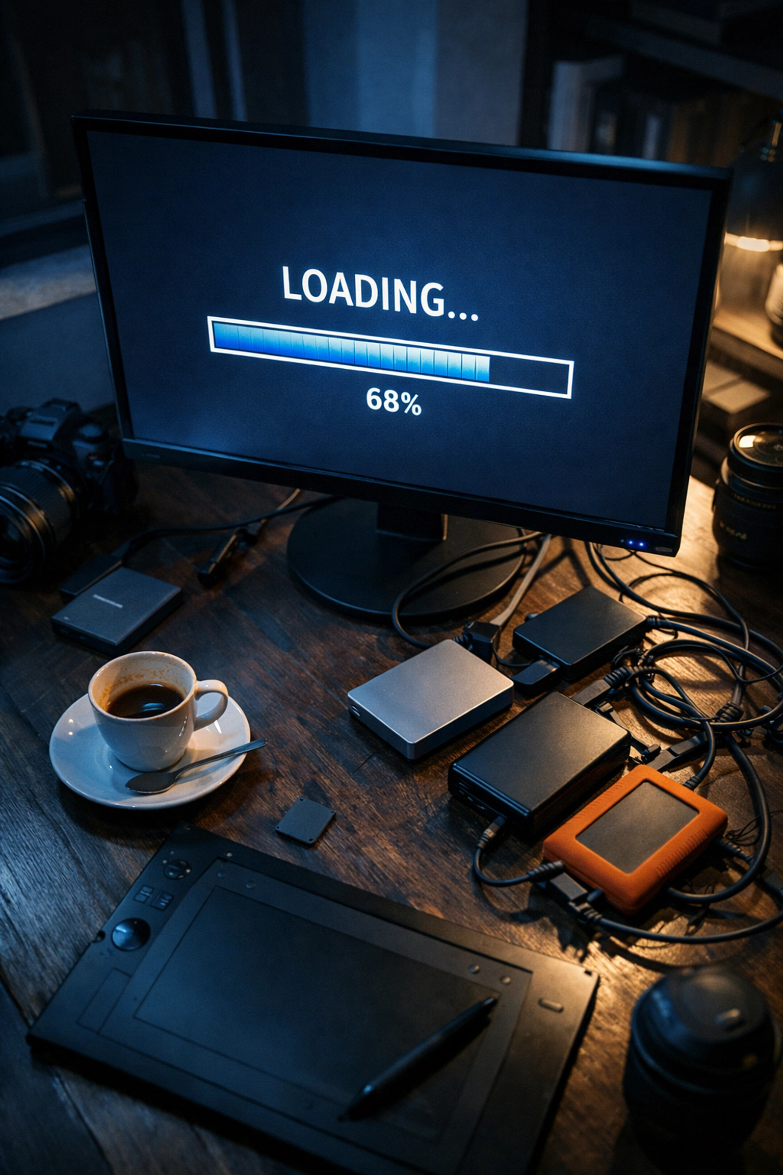 A photographer's desk with hard drives and a slow loading bar, showing friction in file delivery.