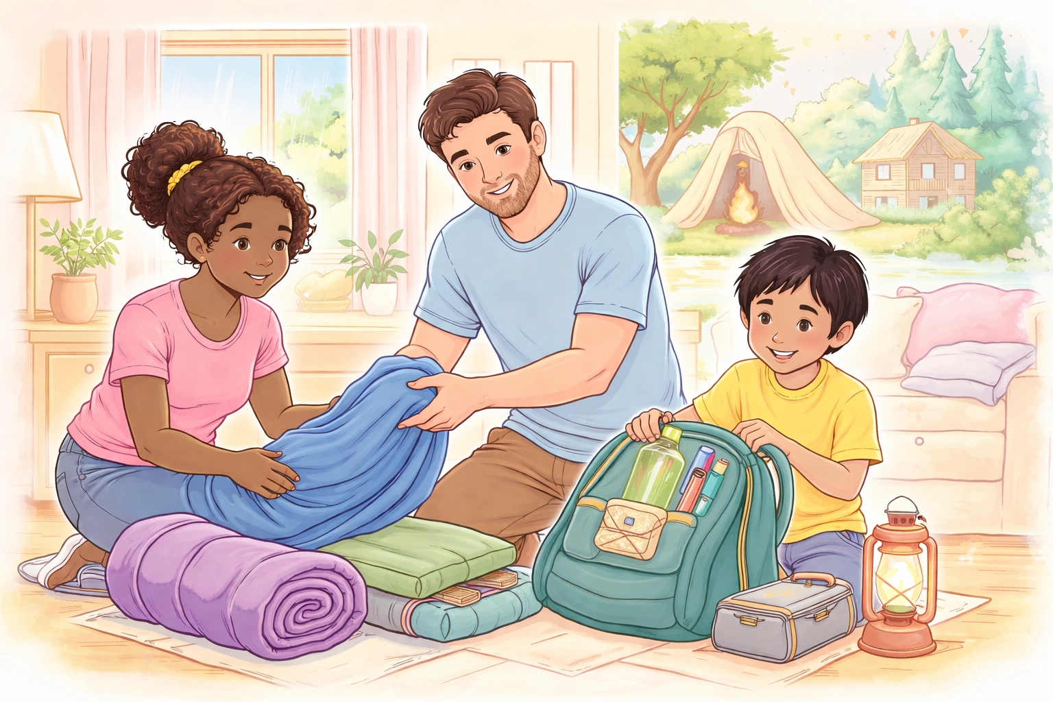Featured illustration of a father and two children preparing a backpack with blankets and essentials in a cozy bedroom setting, symbolizing positive parenting support, confidence-building routines, and structured home lifestyle strategies for pediatric bedwetting (enuresis) and childhood bladder health programs.