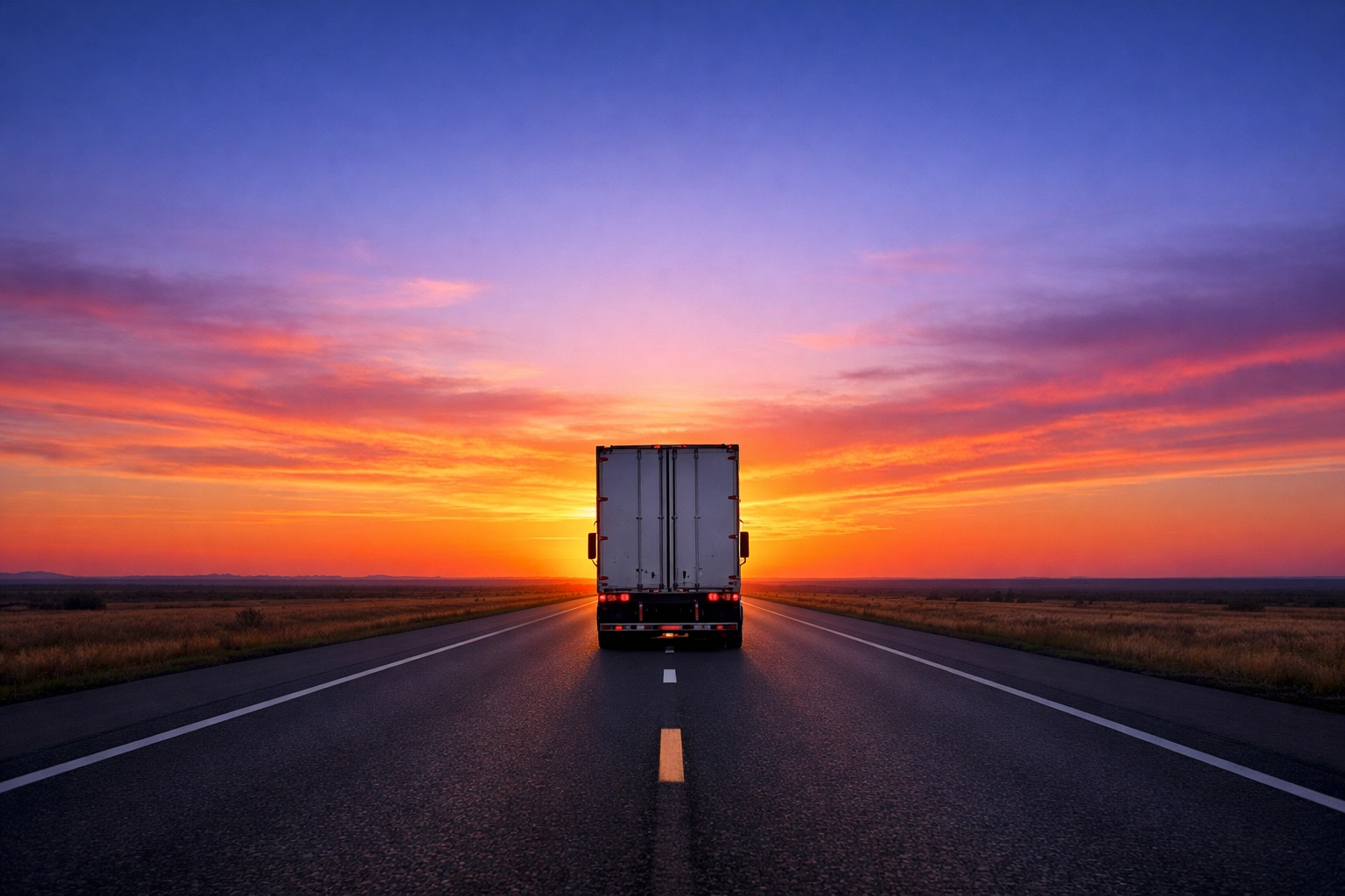 Semi-truck driving on an open road, highlighting fast funding and small business loans for truckers with bad credit.
