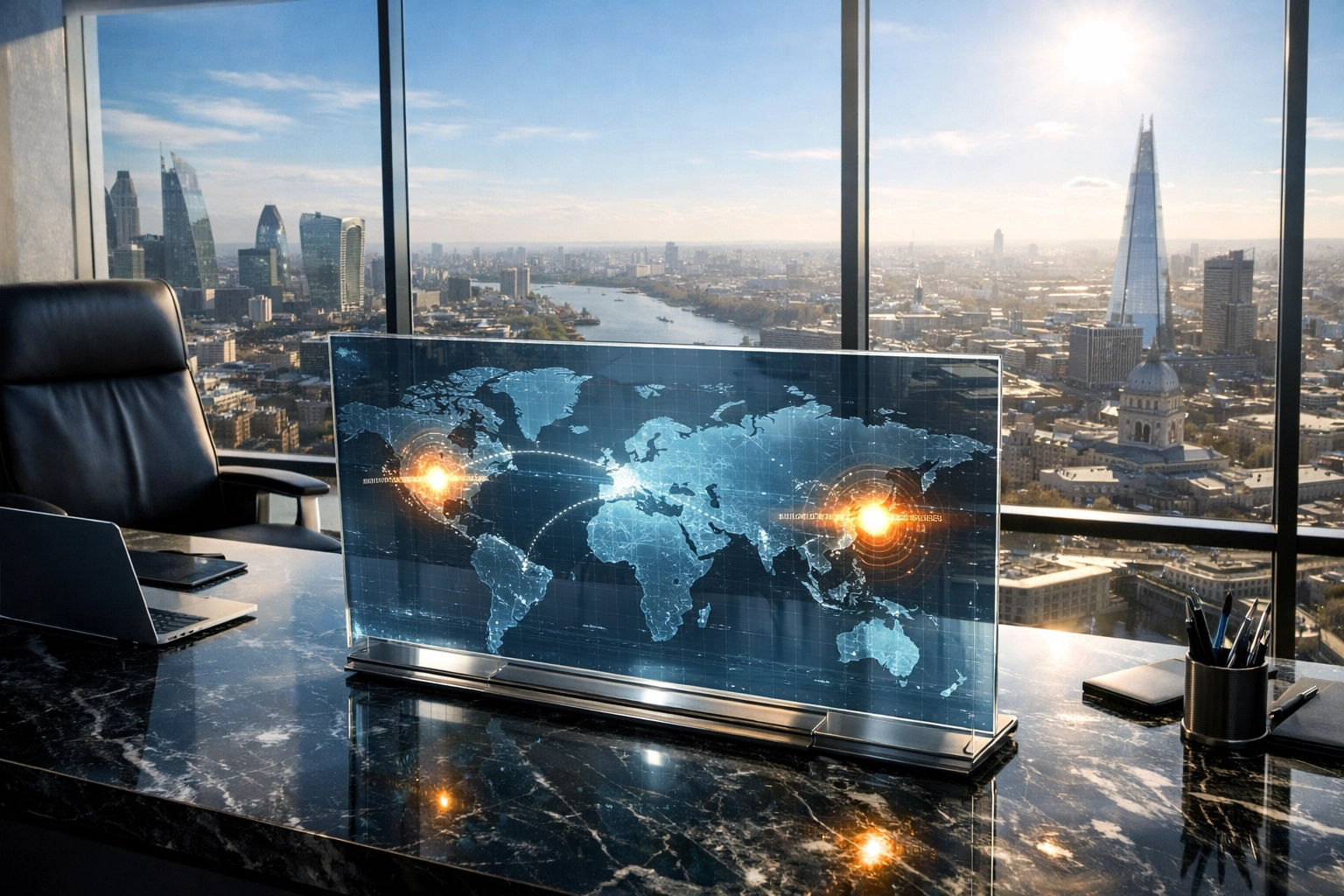 Modern London office tracking global business time zones including New York and Hong Kong.