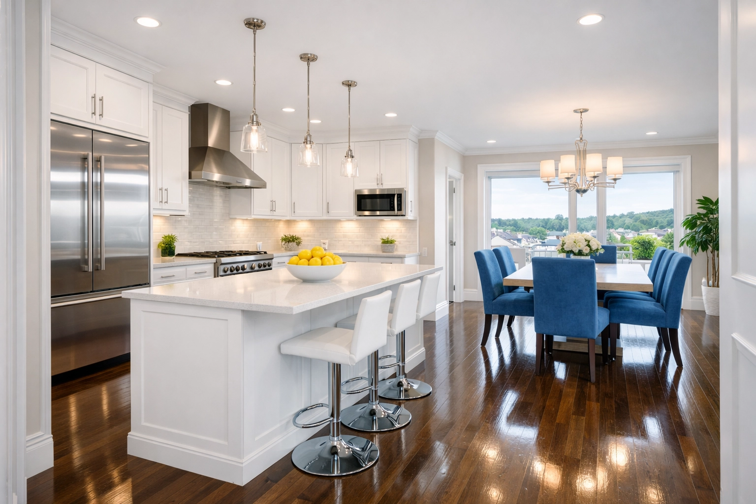 Immaculate kitchen and dining area in a luxury Worcester condo following a professional deep clean.